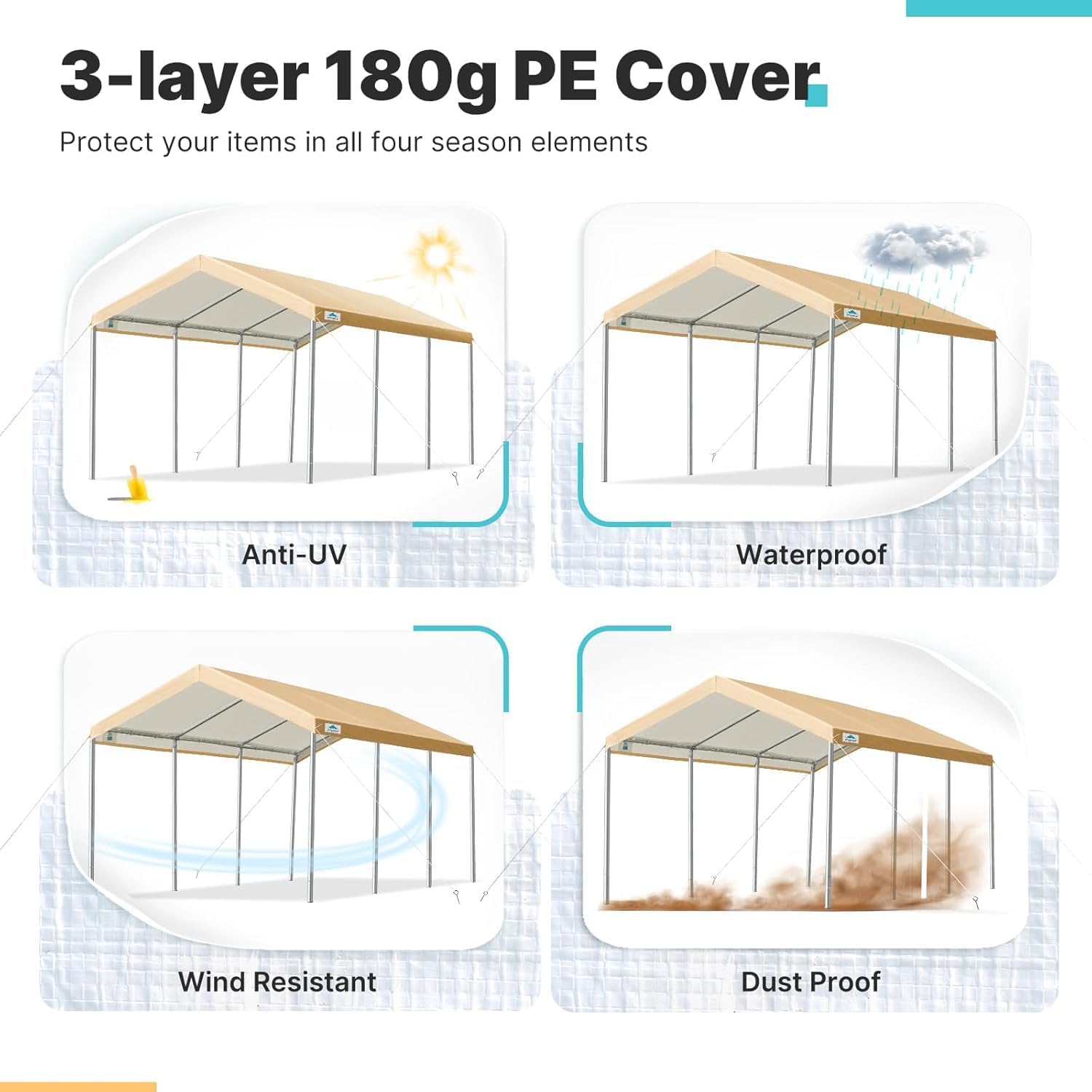 Carport Replacement Canopy Cover for Car Tent Top Garage Shelter Cover Tarp with Ball Bungees (Only Top Cover, Frame Not Include) (Beige 10’ x 20‘)