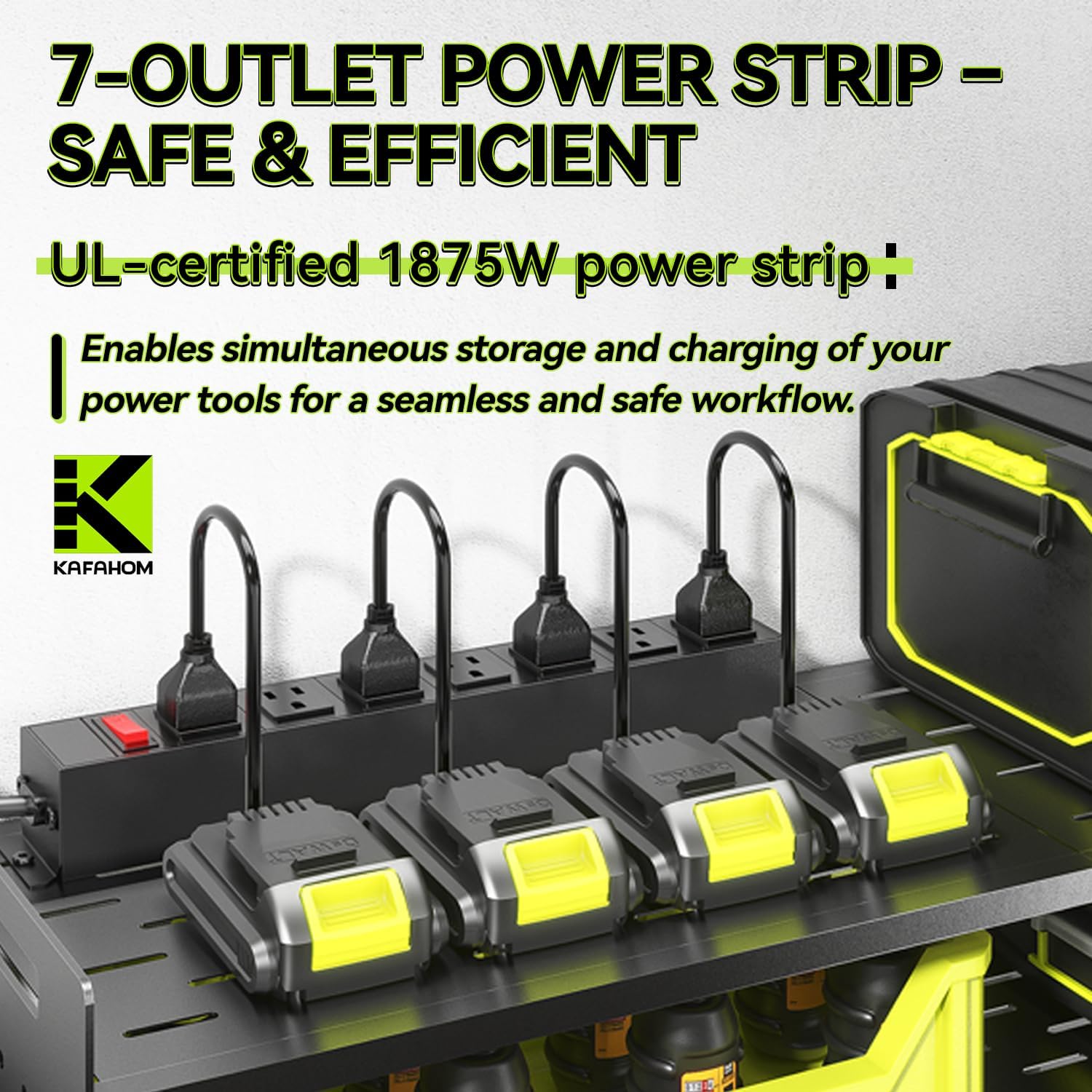 KAFAHOM Power Tool Organizer with Charging Station,9 Drill Holder Wall Mount,4 Layer Durable Metal Cordless Drill Storage for Garage Organization,Battery Tool Rack Built in 7 Outlet Power Strip Black