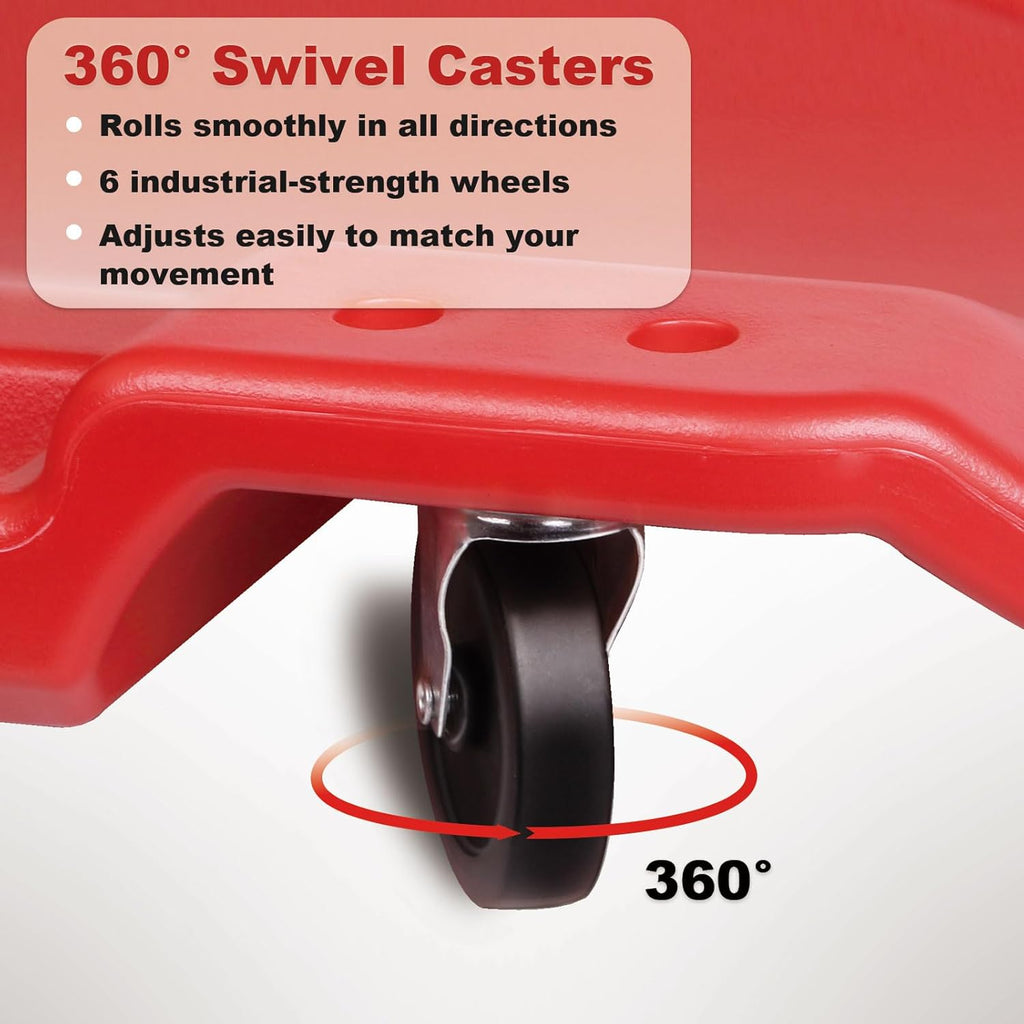 Mechanic Creeper - 40 Inch Rolling Garage Creeper with Padded Headrest and Dual Tool Trays - Low Profile Design for Under Car Repairs - Heavy-Duty Frame 500lb Capacity Red
