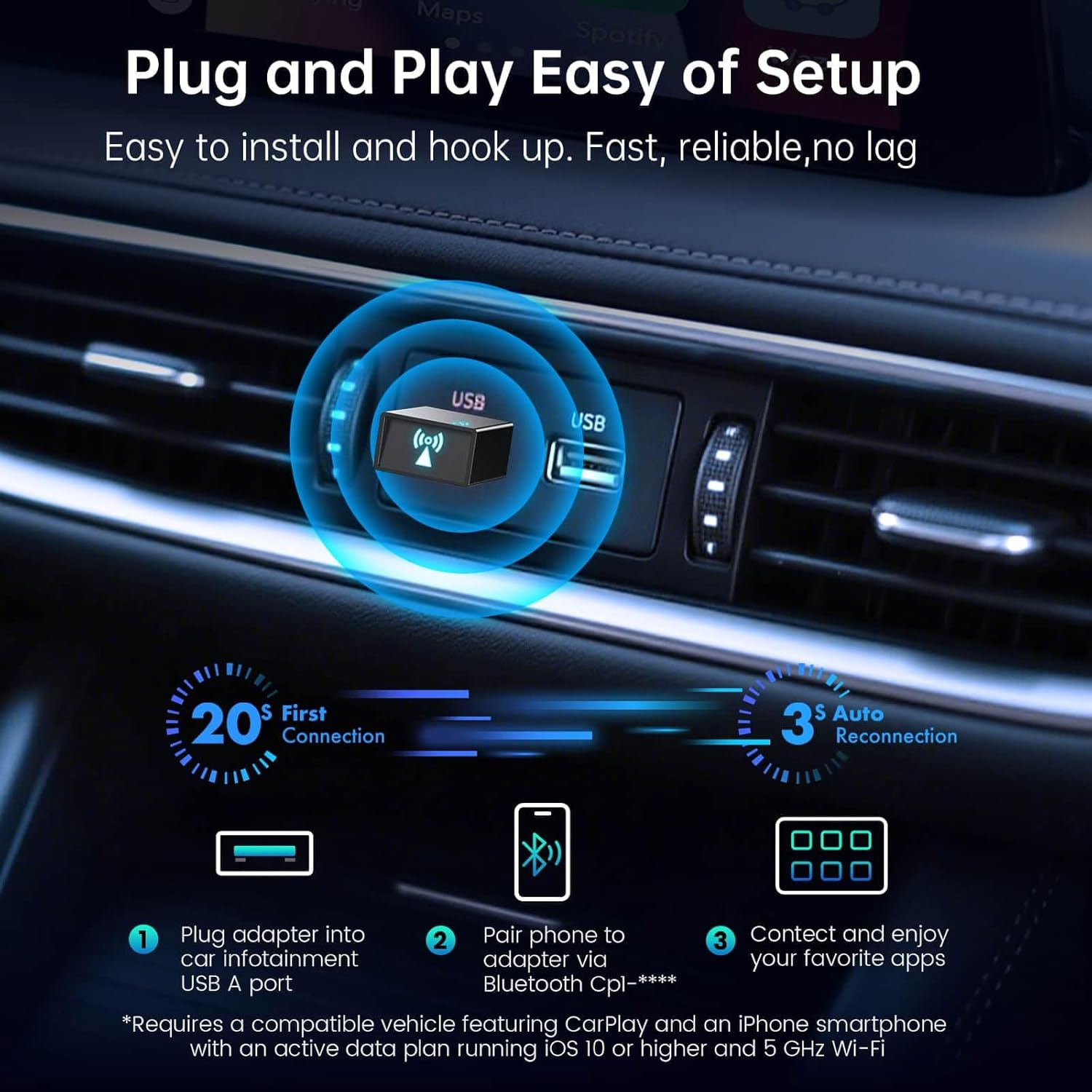 Carplay Wireless Adapter for Apple iPhone - Convert Wired to Wireless Bluetooth Car Play Adapters for Cars from 2016 and iOS 10+, No Latency,Plug and Play Easy Use, Mini USB Type A Black