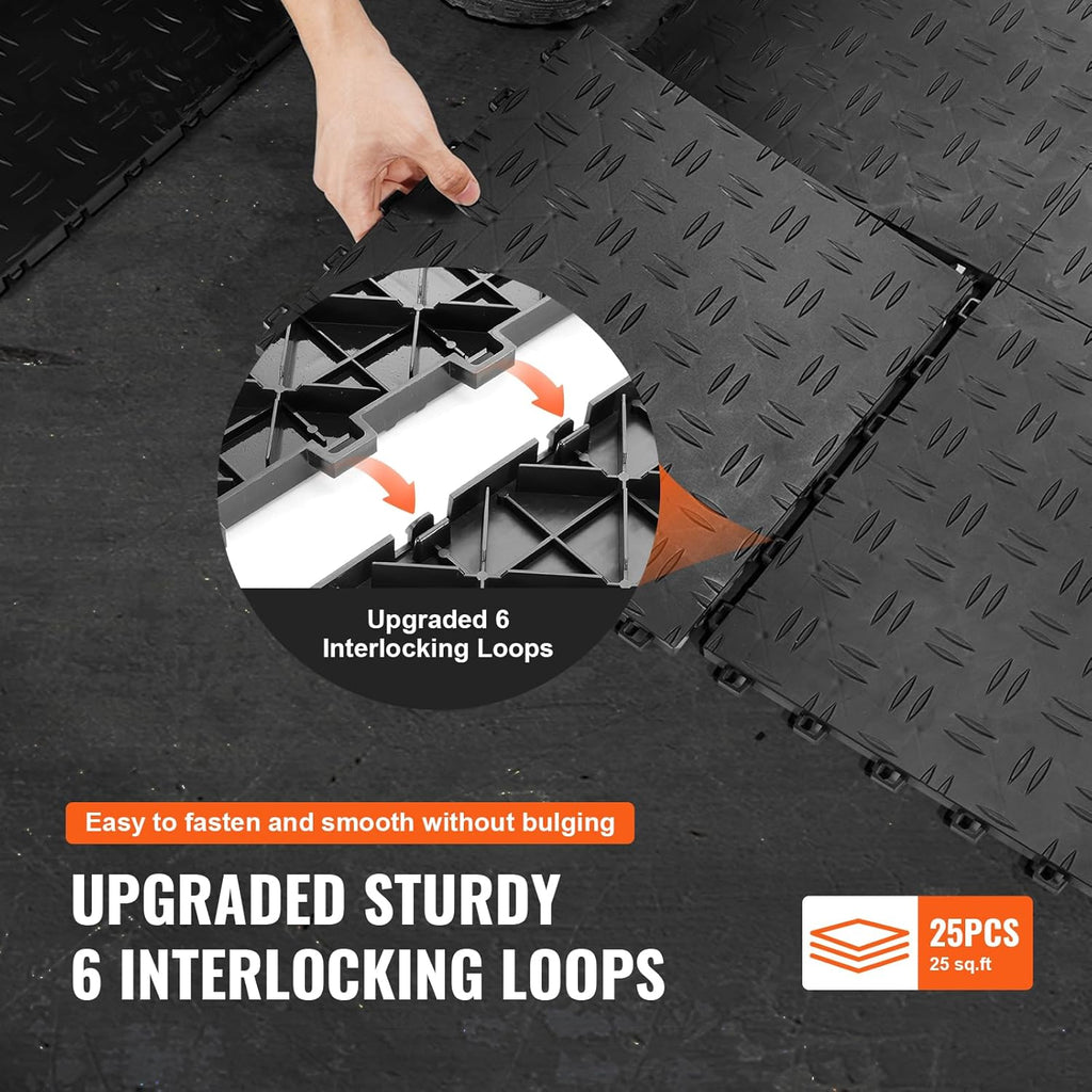 VEVOR Garage Tiles Interlocking, 12 x 12 x 0.53 inch 25 Pack Garage Floor Covering Tiles, Non-Slip Double-Sided Texture Garage Flooring Tiles, for Garages, Basements, Repair Shops, Black