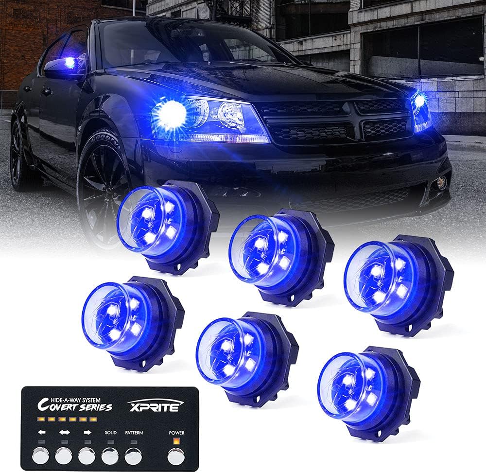 Xprite Blue LED Hideaway Strobe Police Lights Kit, 20 Flashing w/Control Panel Headlights Taillights Mounting, Hazard Warning for Emergency POV Vehicles Volunteer Cars Trucks SUV 6PCS