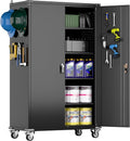 2025 Upgraded Wide & Deep Garage Storage Cabinet with Wheels, Lockable Metal Storage Cabinet with Pegboards and 9 Hooks, 2 Tool Pouches for Garage,4 Adjustable Shelves (Black,43''W x 22''D x 72''H)