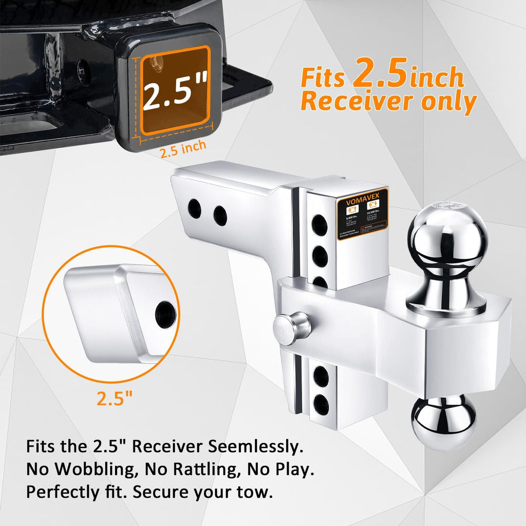 Adjustable Trailer Hitch-Drop Hitch Fits 2.5-Inch Receiver -6" Drop/Rise Tow Hitch with 2" and 2-5/16" Tow Balls-18,500GTW with Double Anti-Theft Pins Locks (Silver)