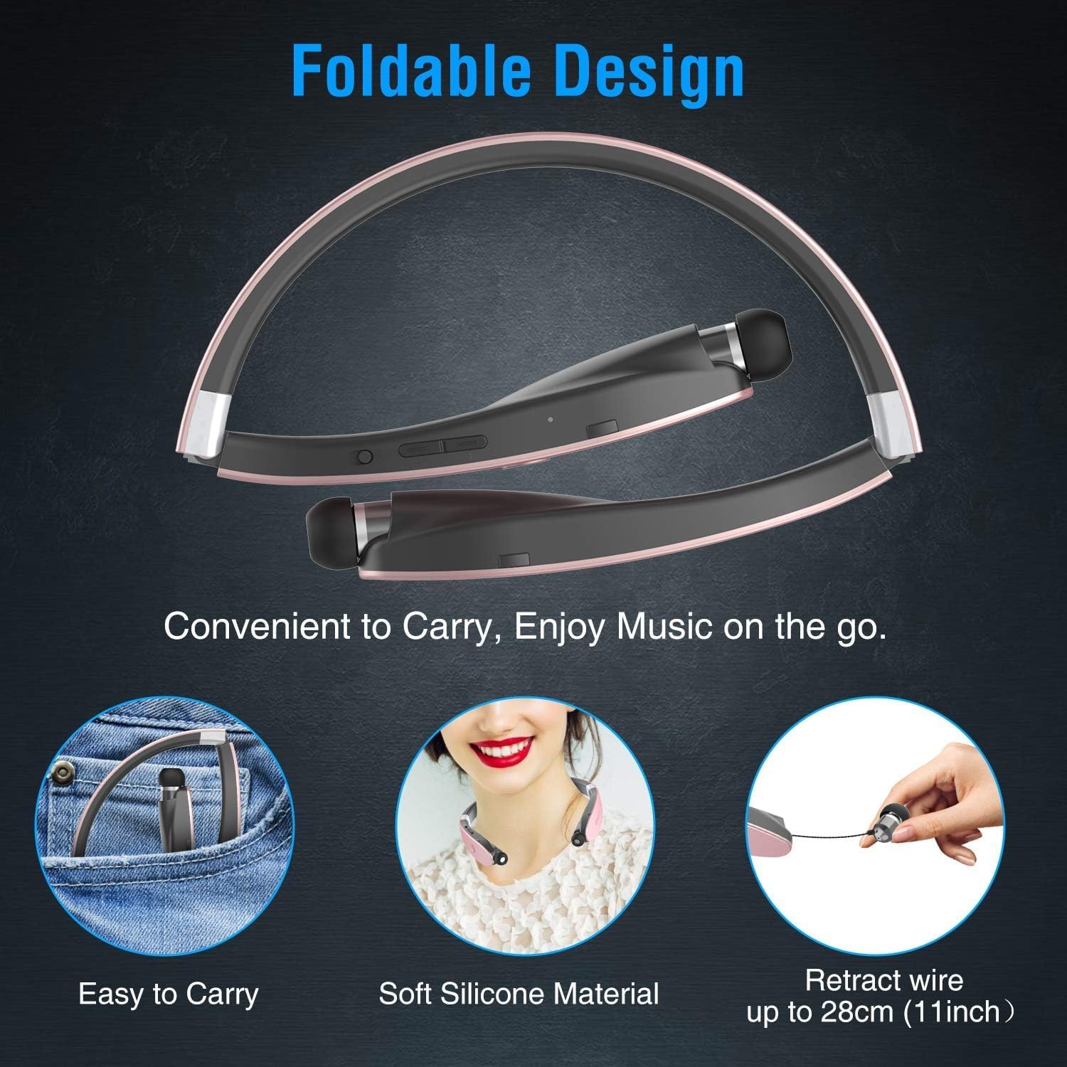 AMORNO Foldable Bluetooth Headphones Wireless Neckband Headset with Retractable Earbuds, Sports Sweatproof Noise Cancelling Stereo Earphones with Mic …