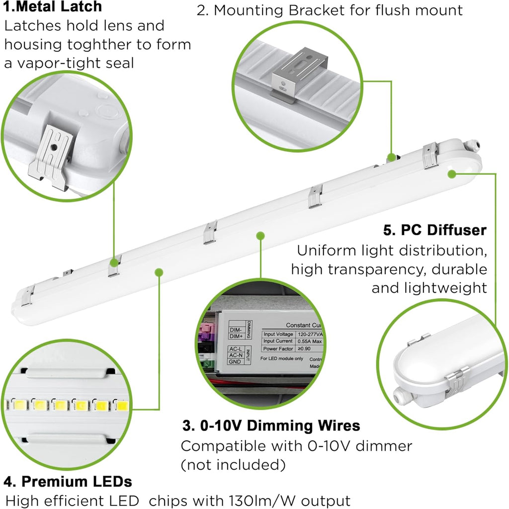 TIERONE 4ft LED Vapor Tight Light 50W Outdoor Shop Light IP65 Waterproof 0-10V Dimmable Integrated LED White Strip Lighting Fixture for Warehouses Car Washes 5000K 100-277V 6000LM ETL Listed 4 Pack