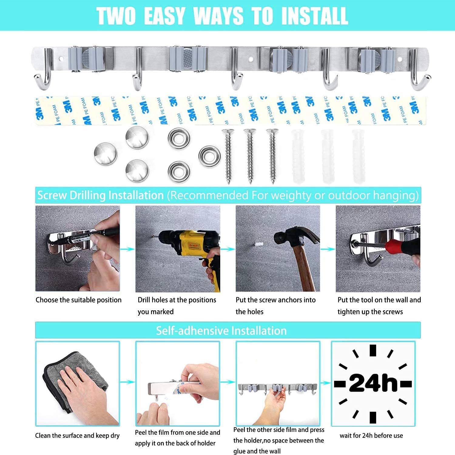 Broom Mop Holder Wall Mount Stainless Steel Tool Hanger Storage Organizer for Home, Kitchen, Garage, Garden, Laundry Room, Bathroom Organization and Storage(4 Racks 5 Hooks)