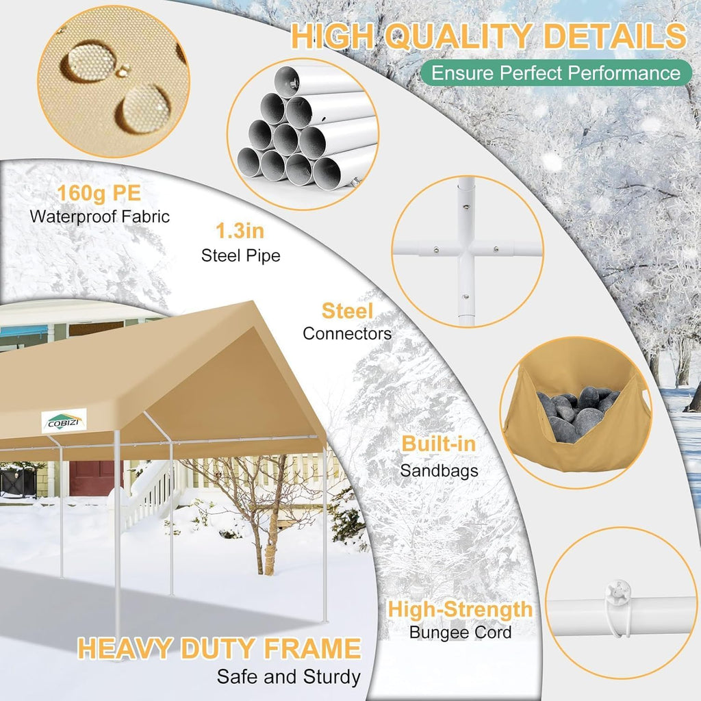 COBIZI Carport 12x20ft Heavy Duty Portable Garage, 2.0 Powder Coated Frame(Better Than Galvanized), Waterproof Shelter with Removable Sidewalls & Windows, Built-in Sandbags, for Car/Boat/SUV, Khaki