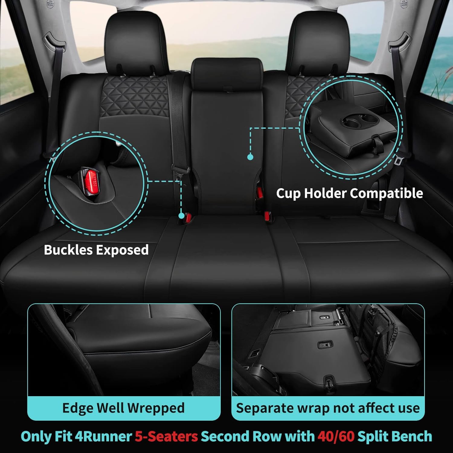 Seat Covers for Toyota 4Runner 2011-2024, Faux Leather Car Seat Cover Full Set, 3-Row-Only for 7 Seats Version-Black