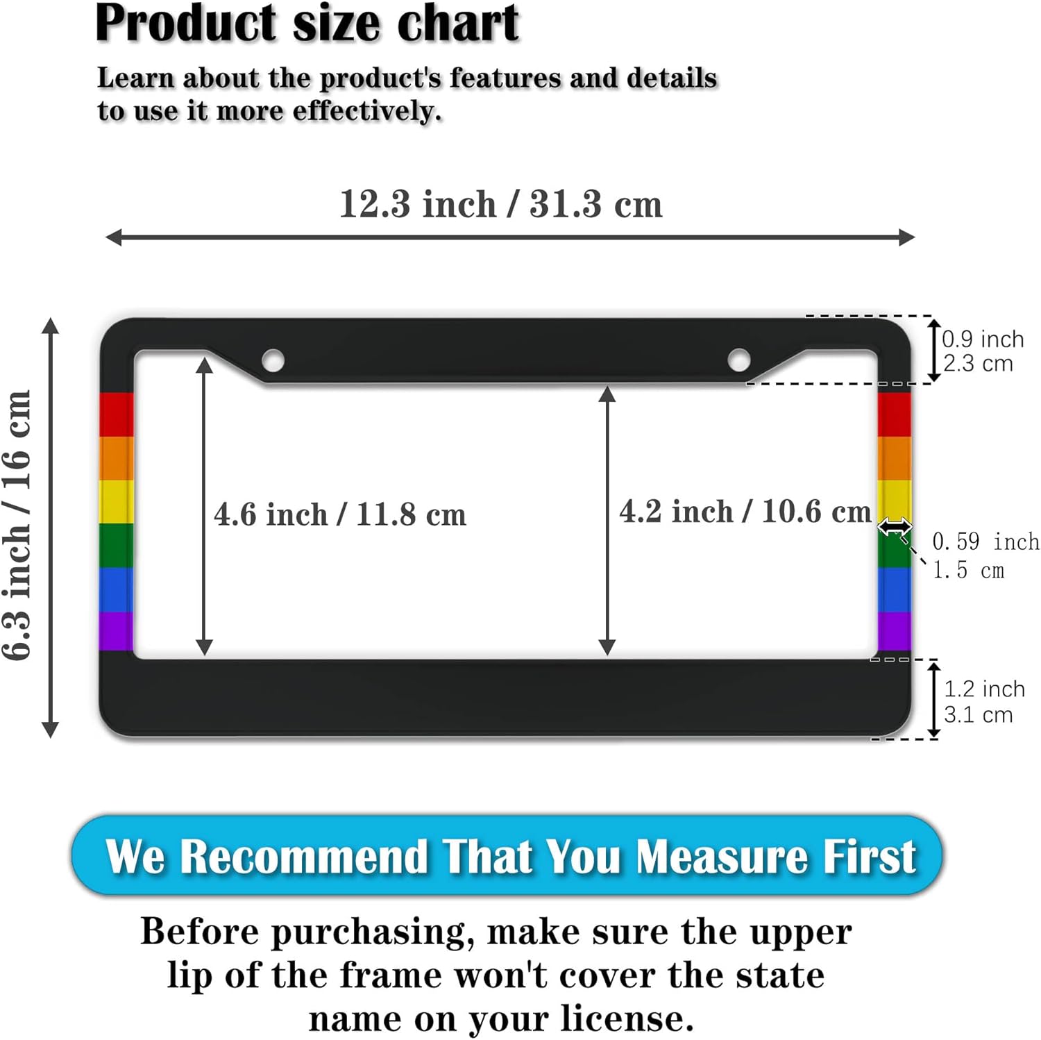 License Plate Frames Rainbow Automotive Exterior Accessories Gay Rainbow Strip Universal Aluminum Car Accessory 2 Pack with Screw Covers Set