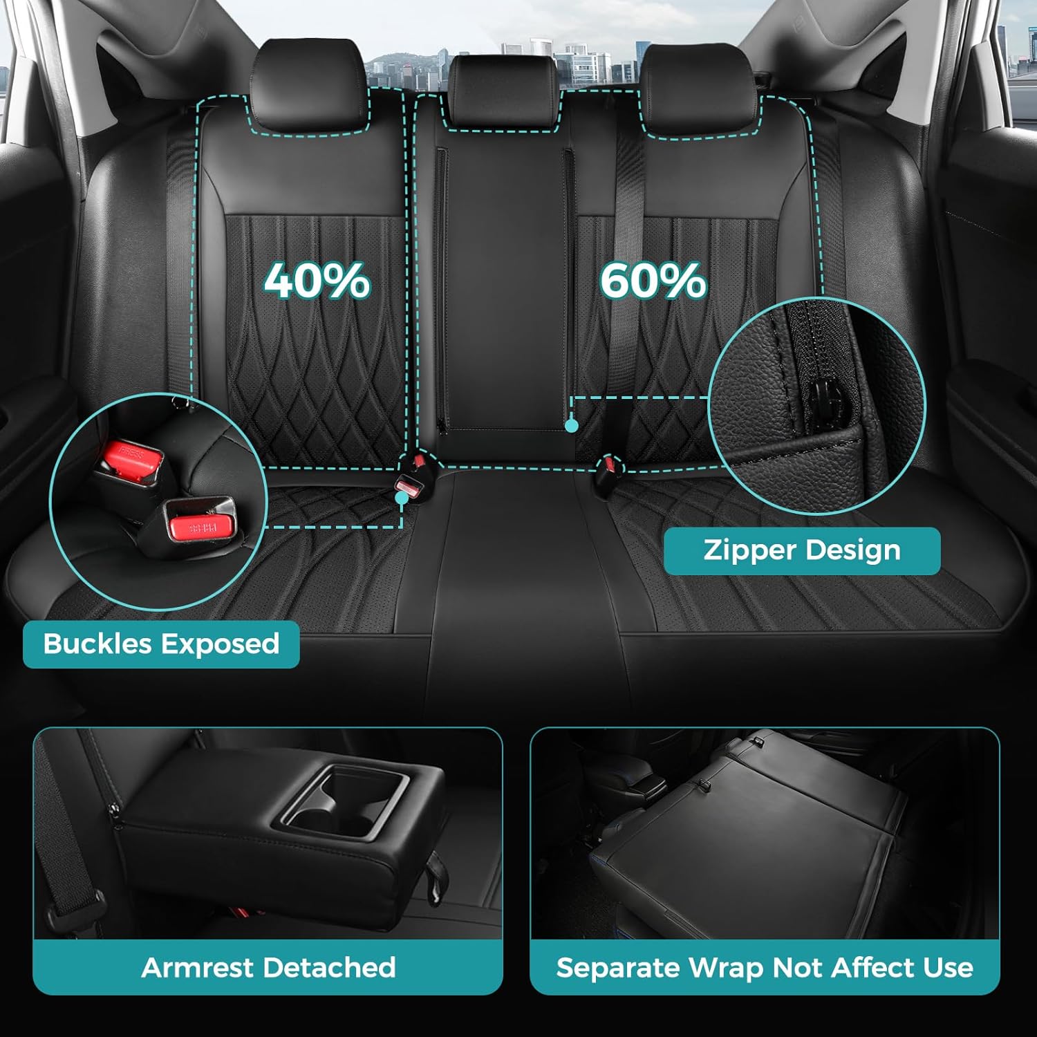 Seat Covers for Honda Civic Sedan EX-L, EX-T, EX, Touring, LX-P, Sport 2016 2017 2018 2019 2020 2021, Faux Leather Car Seats Cover Full Set(Rear Row 40/60 Split & Folding Backrest)-Black