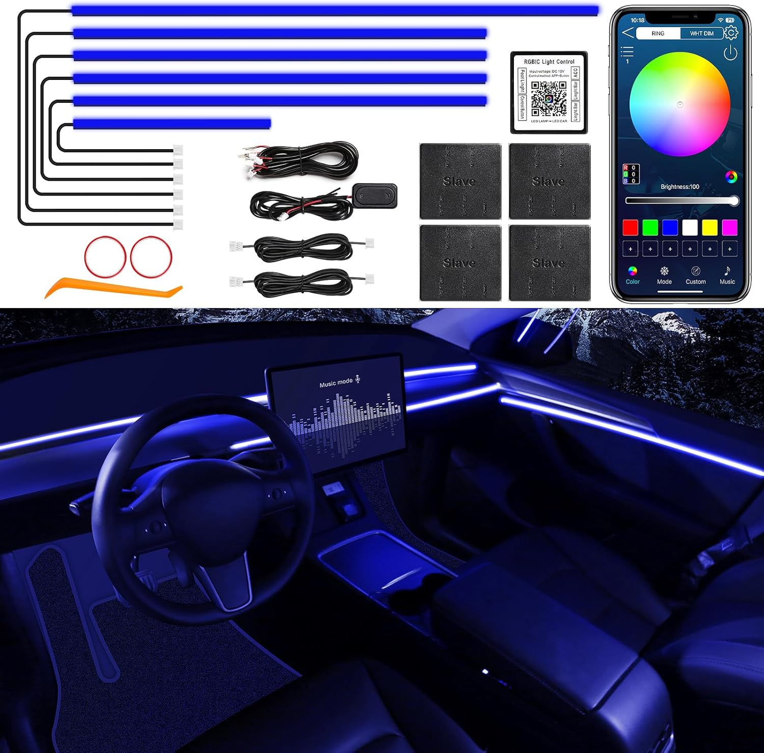 Acrylic Interior Car LED Strip Light with Wireless APP, RGB 6 in 1 with 175 inches 612 LEDs Fiber Optic Car Ambient Lighting Kits, Dynamic Music Sync Neon LED Strip Lights for Car