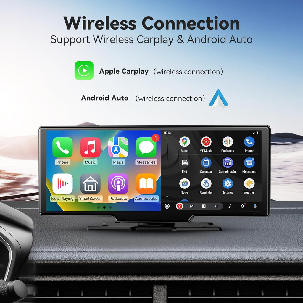 10.26" HD Wireless Car Stereo for Carplay & Android Auto, Portable Touch Screen for Car, 4K Dash Cam, 1080P Backup Camera, Bluetooth, AUX/FM, Googel, Siri, Mirror Link, GPS Navigation