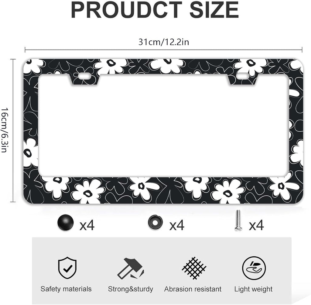 Black and White Flowers License Plate Frames - 2 Pcs Set 2 Holes Stainless Steel Metal Auto Car Accessories Decoration License Plate Frame Cover Size 6.3" x 12.2" Fit US Vehicles for Women Men Gift