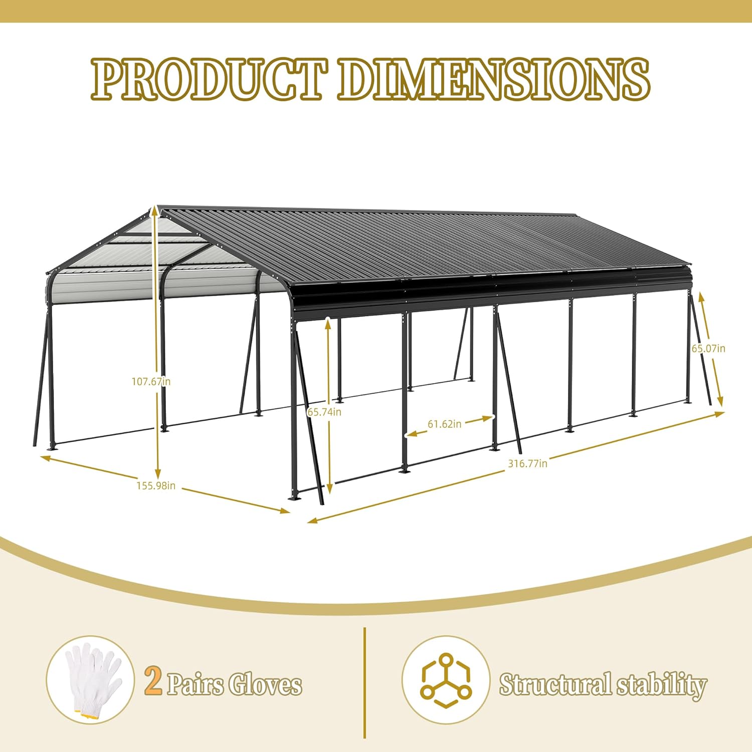 13x26.5 FT Metal Carport, Heavy Duty Car Port Canopy with Galvanized Steel Roof & Frame, Oversized Metal Carport Kit with Hooks, Outdoor 2 Car Garage, Steel Car Shelter for Car, Boat, Truck, Dark Gray