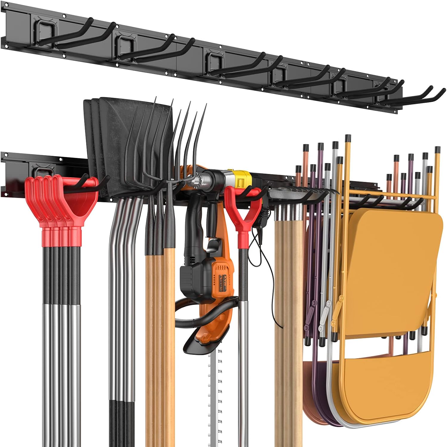 Garage Tool Storage Organizers Wall Mounted with 6 Removable Hooks and 3 Board, Super Heavy Duty Powder Coated Steel Garden Tool Hanger Rack for Chair, Broom, Mop, Rake Shovel & Tools
