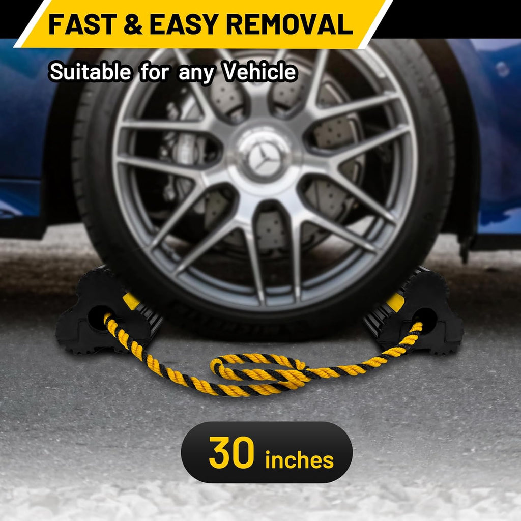 ROBLOCK 2 Pairs Wheel Chocks Heavy-Duty Rubber Wheel Block Non-Slip Base with Nylon Rope Yellow Reflective Tape - 4 Pack Wheel Stopper for Travel Trailers, Car, Camper, Truck, Black