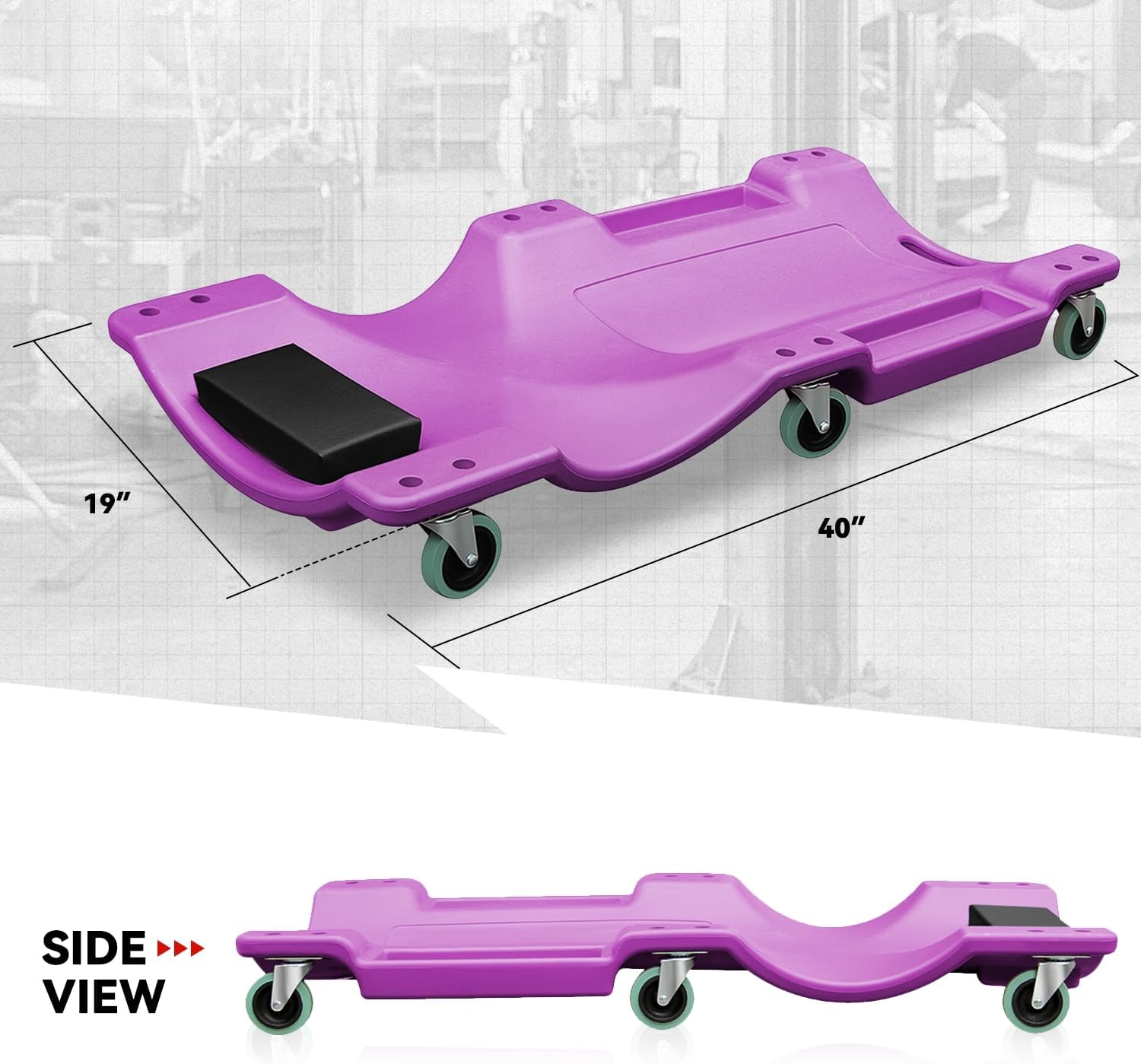 Auto Dynasty 40 Inches Mechanic Creeper, Automotive Garage Repair Low Profile Under Car Rolling Creeper with Padded Headrest, Plastic, Purple