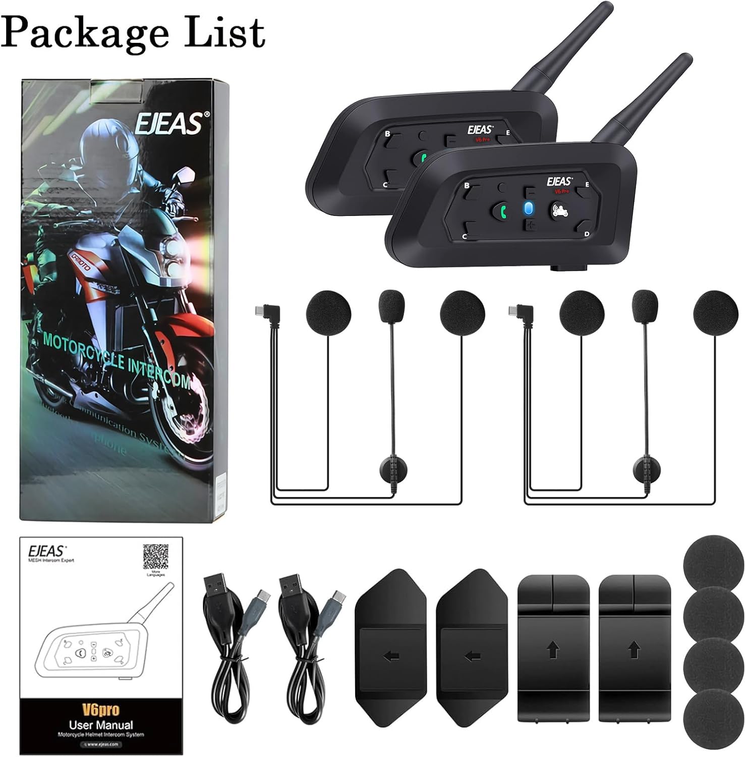 V6 Pro Motorcycle Helmet Bluetooth Intercom Headset 1200M 2 People Full Duplex Wireless Motorbike Interphone Connect Up to 6 Riders for Motorcycling Skiing and Climbing (2 Pack)