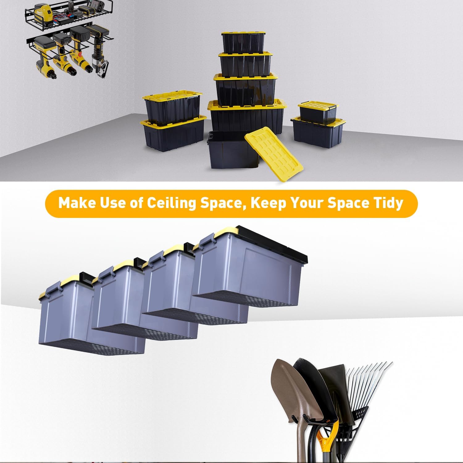 TOPOWN Overhead Garage Ceiling Bin Storage Rack, Heavy Duty Tote Slide Garage Storage System Overhead Tote Storage Rail System (for 4 Bins)