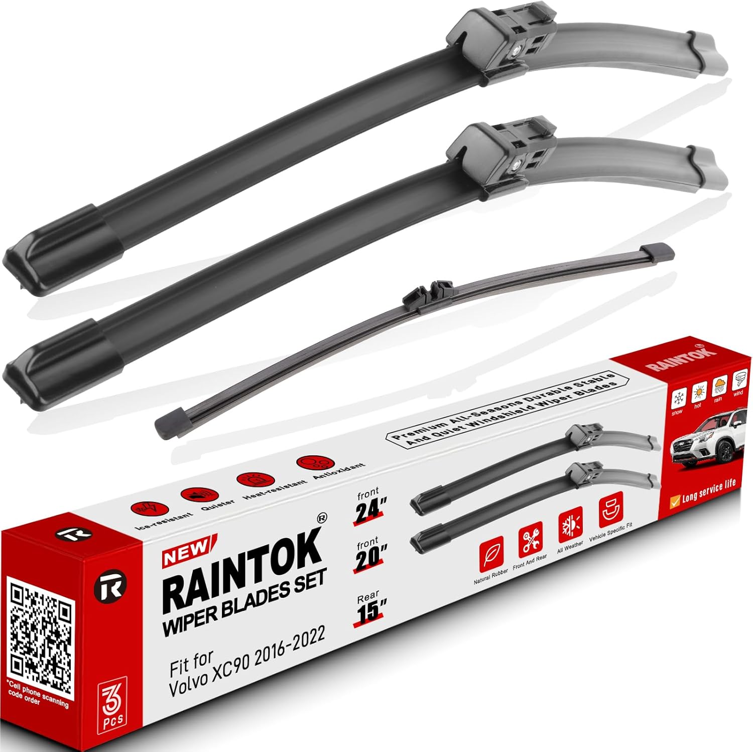 Windshield Wiper Blades Replacement for Volvo XC90 2016 2017 2018 2019 2020 2021 2022 Original Factory Quality Front Rear Wipers Blade Set for My Car - 24" 20" 15" (Pack of 3)