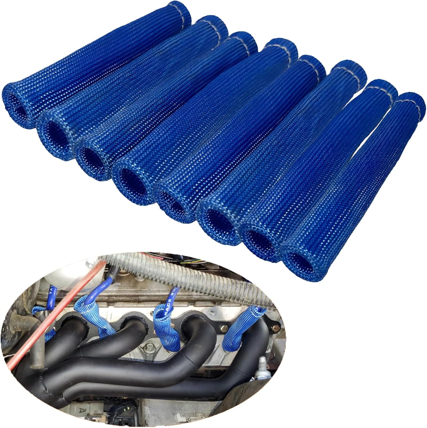 Spark Plug Wire Heat Shield 8PCS Spark Plug Boots Thermal Protection Sleeve 1200 Degree 6 inch Spark Plug Heat Cover Wrap for Car Truck (Blue)