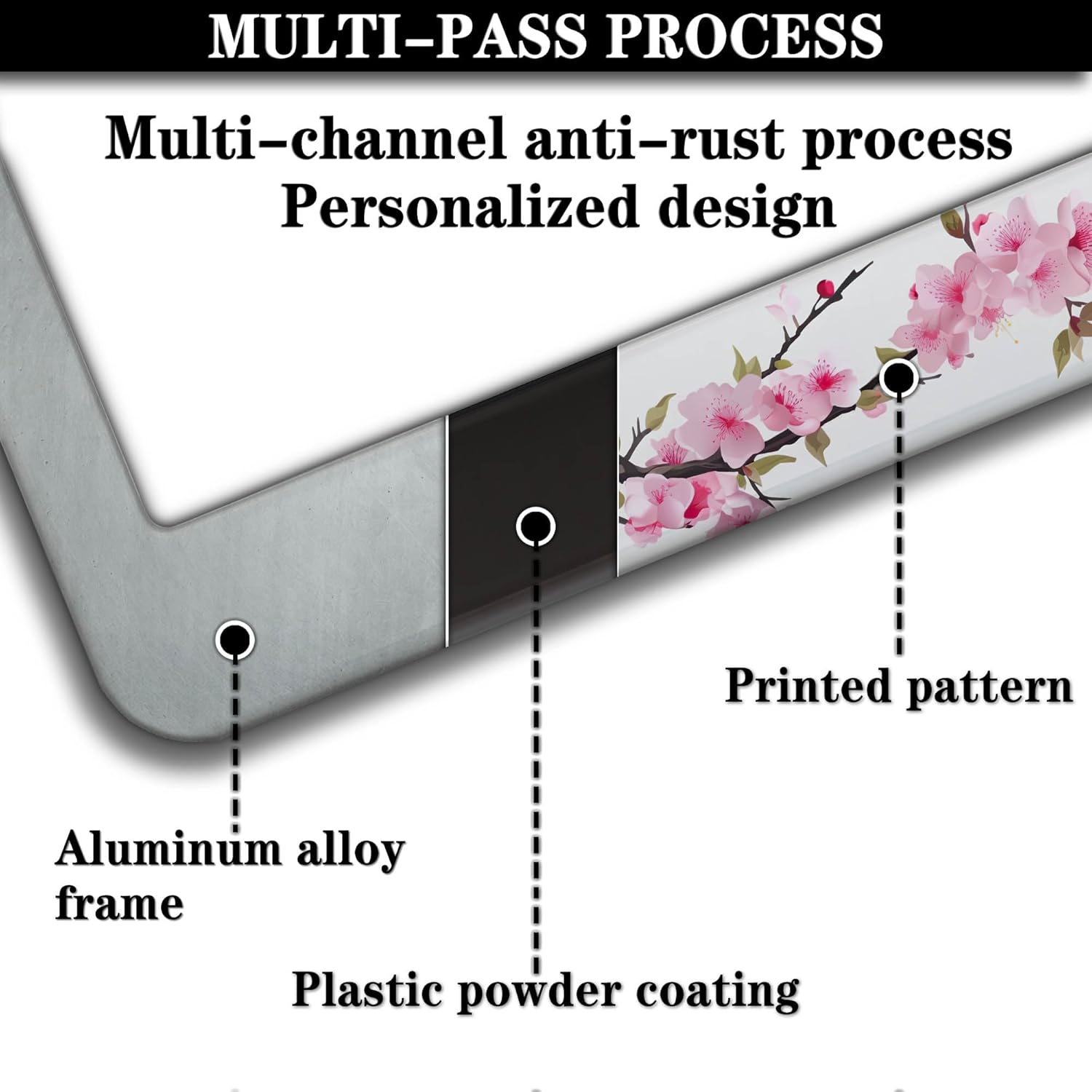 License Plate Frames for Men Powder License Plate Frame for Women Beautiful Cherry Blossom Aluminum Metal Car Accessory 2 Pack with Screw Covers Set
