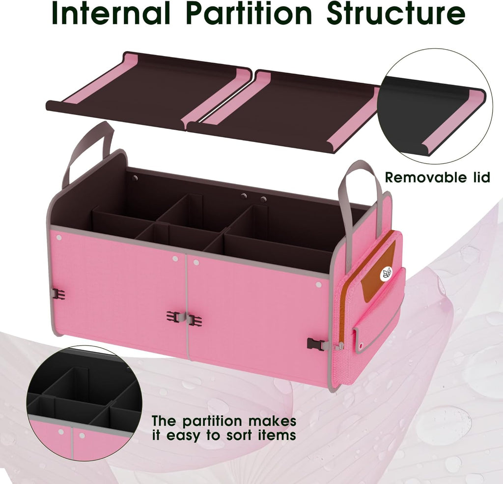Foldable Waterproof Car Organizer with Non-Slip Traction Rope, 23.2”x13.8”x11.8” Heavy-Duty Trunk Organizer for SUV, Car Essentials List, Portable Vehicle Organizer,PINK-M003