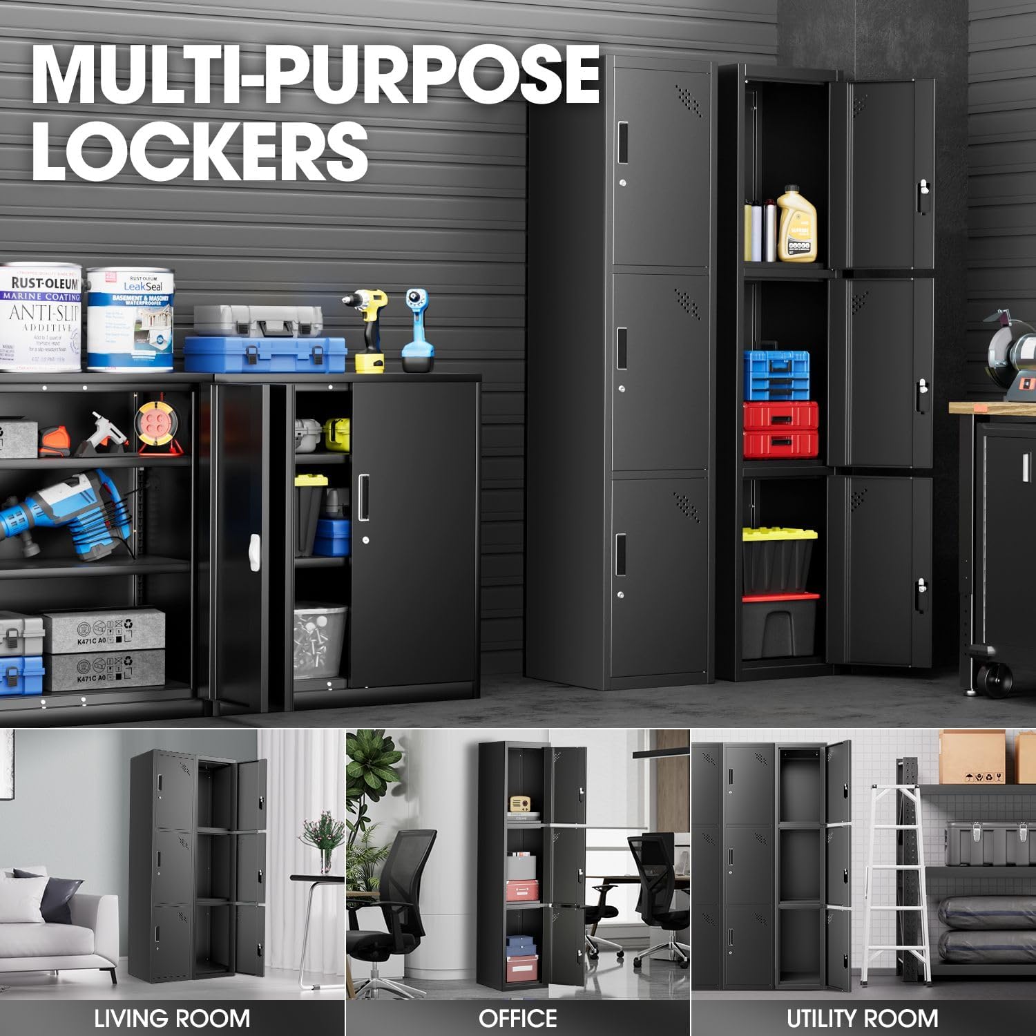 DNA MOTORING Metal Storage Cabinet for Employees with Keys, 71" Employees Metal Locker with 3 Doors, Tall Storage Lockers for Garage,Office,Home,Gym, Black, TOOLS-00789-BK-BK