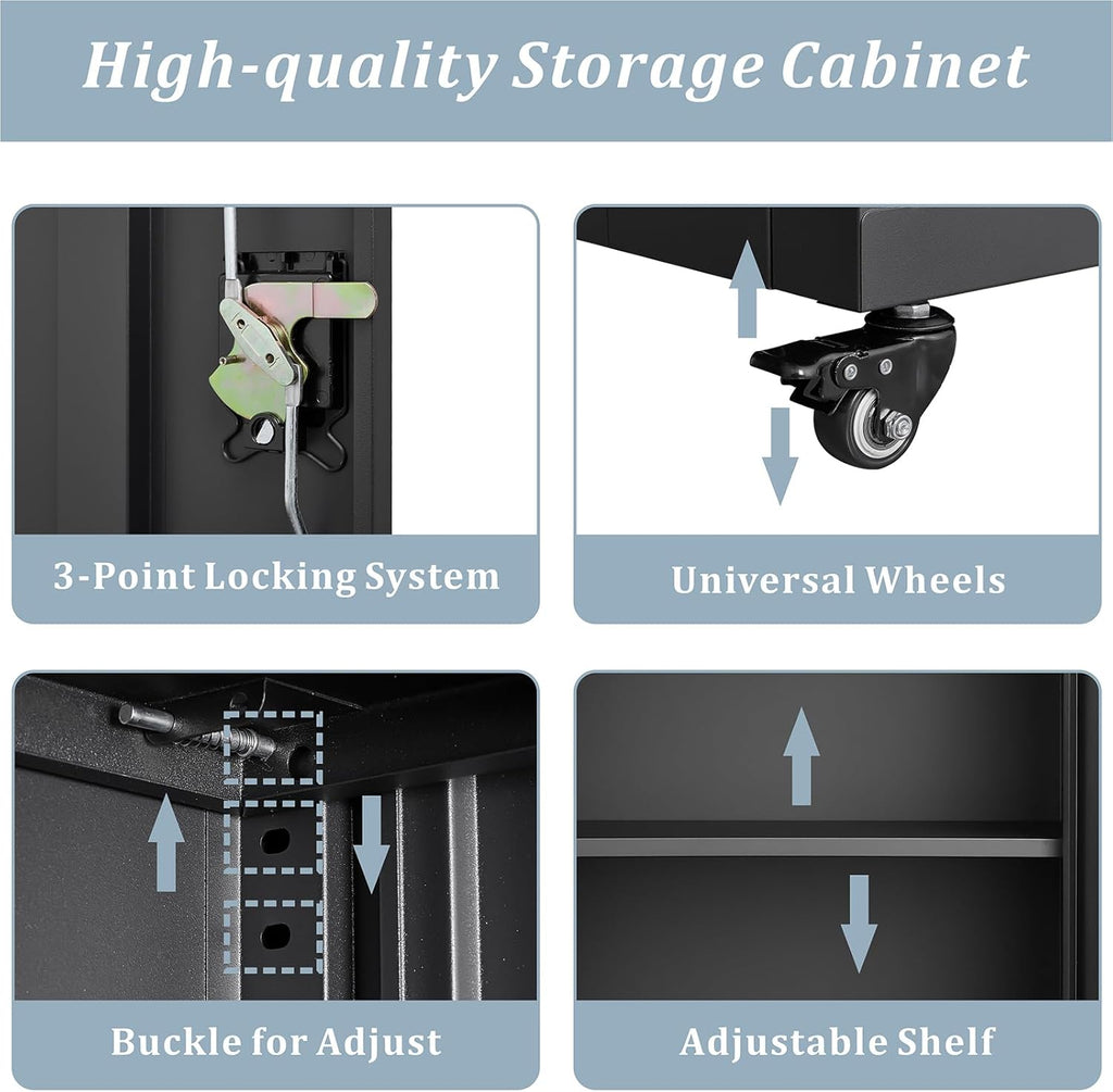 LUCYPAL Metal Storage Cabinet with Locking Doors and Wheels,Garage Storage Cabinets with 1 Adjustable Shelf for Home Office,Steel Counter Cabinet for Office,Garage,Kitchen,Black
