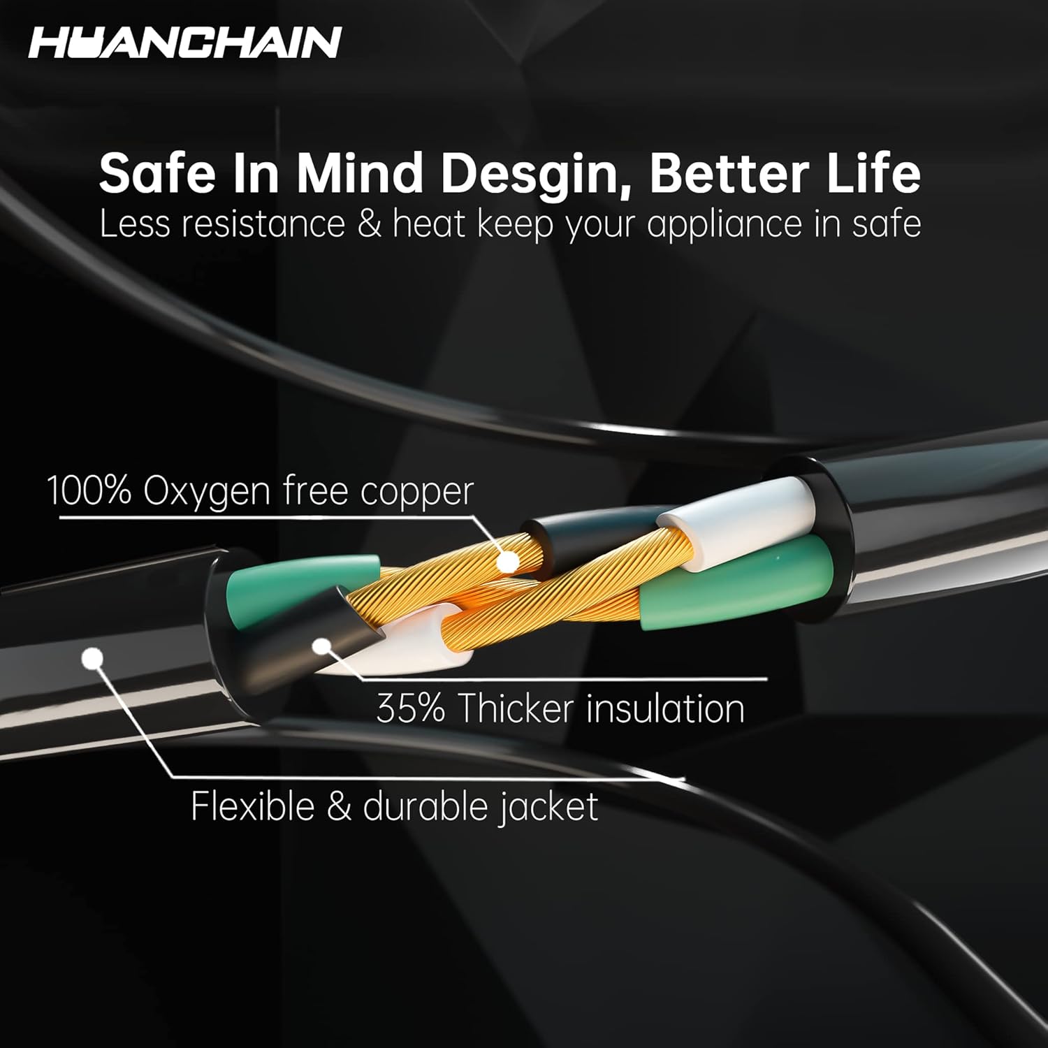 HUANCHAIN Indoor Outdoor Black Extension Cord 50 ft Waterproof, 16/3 Gauge Flexible Resistant Appliance Extension Cord Outside, 13A 1625W 16AWG SJTW, 3 Prong Heavy Duty Electric Cable, ETL Listed