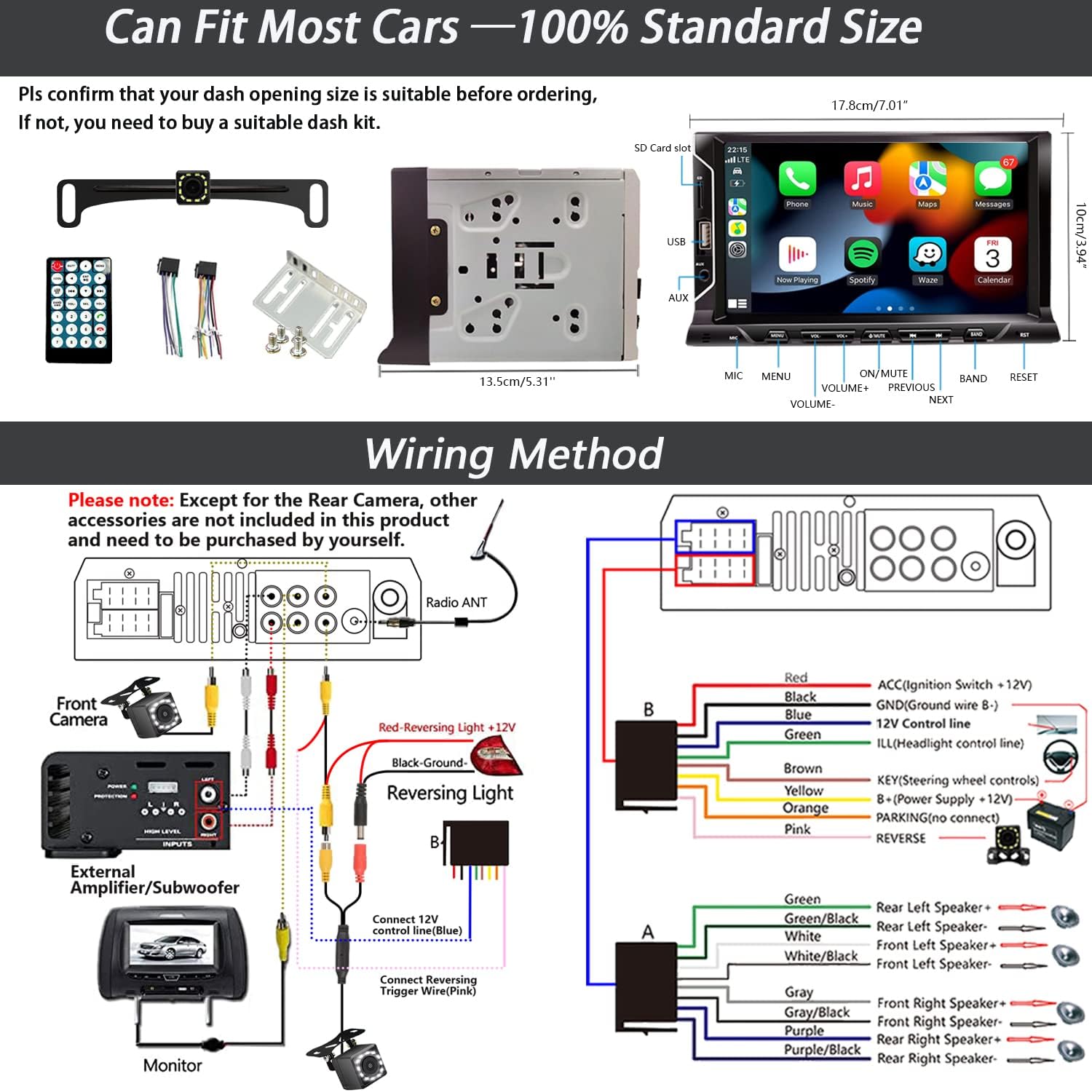 7 Inch Double Din Car Stereo Support Apple CarPlay Android Auto Mirror Link Capacitive Touchscreen Monitor Car Play Radio with Bluetooth 5.0, FM Radio, USB/TF/AUX Port, Backup Camera, Remote Control