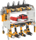 CCCEI Modular Power Tool Organizer Wall Mount with Charging Station. Garage 4 Drill Storage Shelf with Hooks, Drill Bit Heavy Duty Rack, Silver Tool Battery Holder Built in 8 Outlet Power Strip.