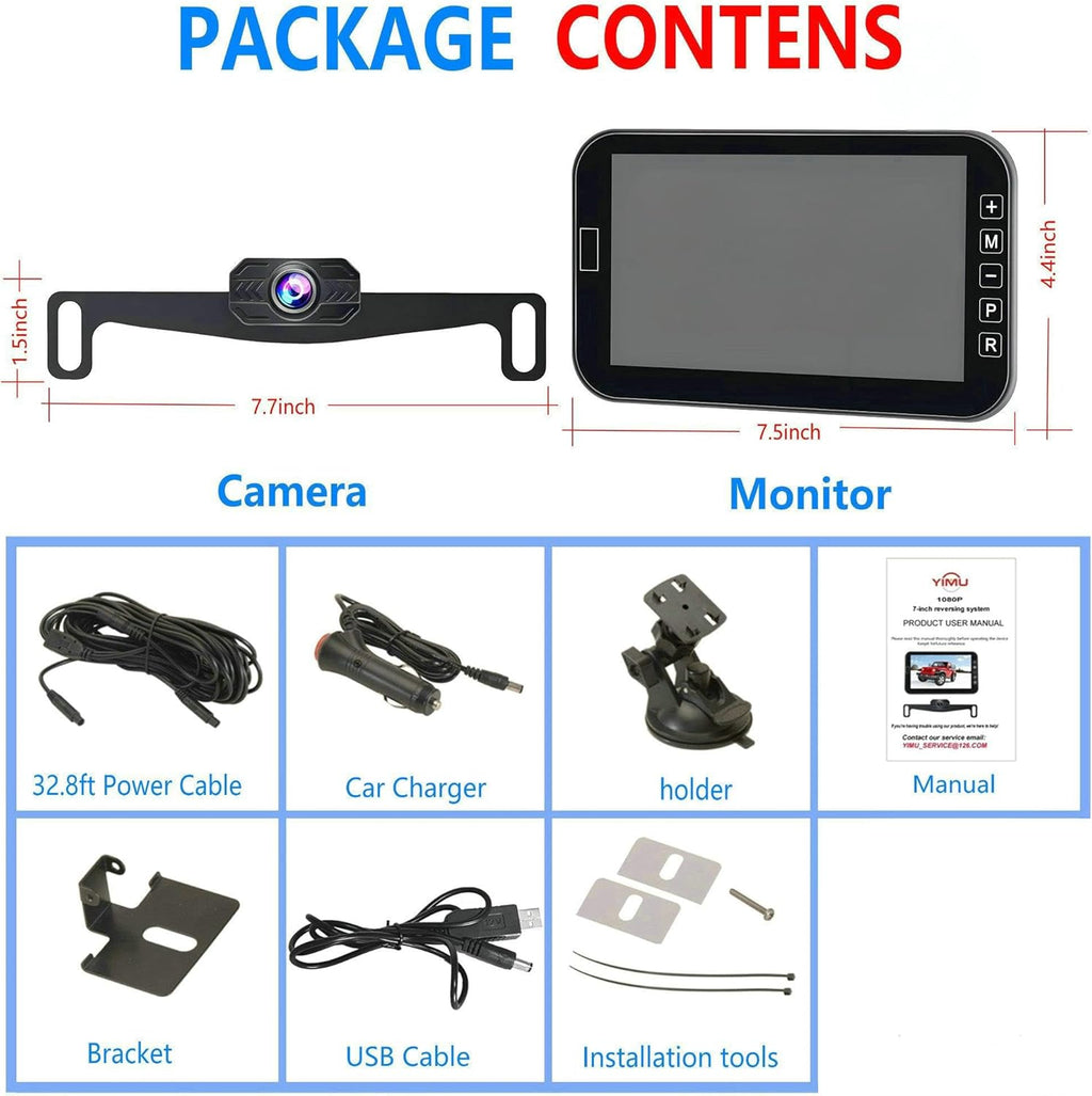 YIMU Car Backup Camera for Truck 7″ monitor AHD 2K Front Rear View Camera for car,USB Powered Plug-Play, Night Vision No-Delay DIY Grid Lines Touch Screen AHD702