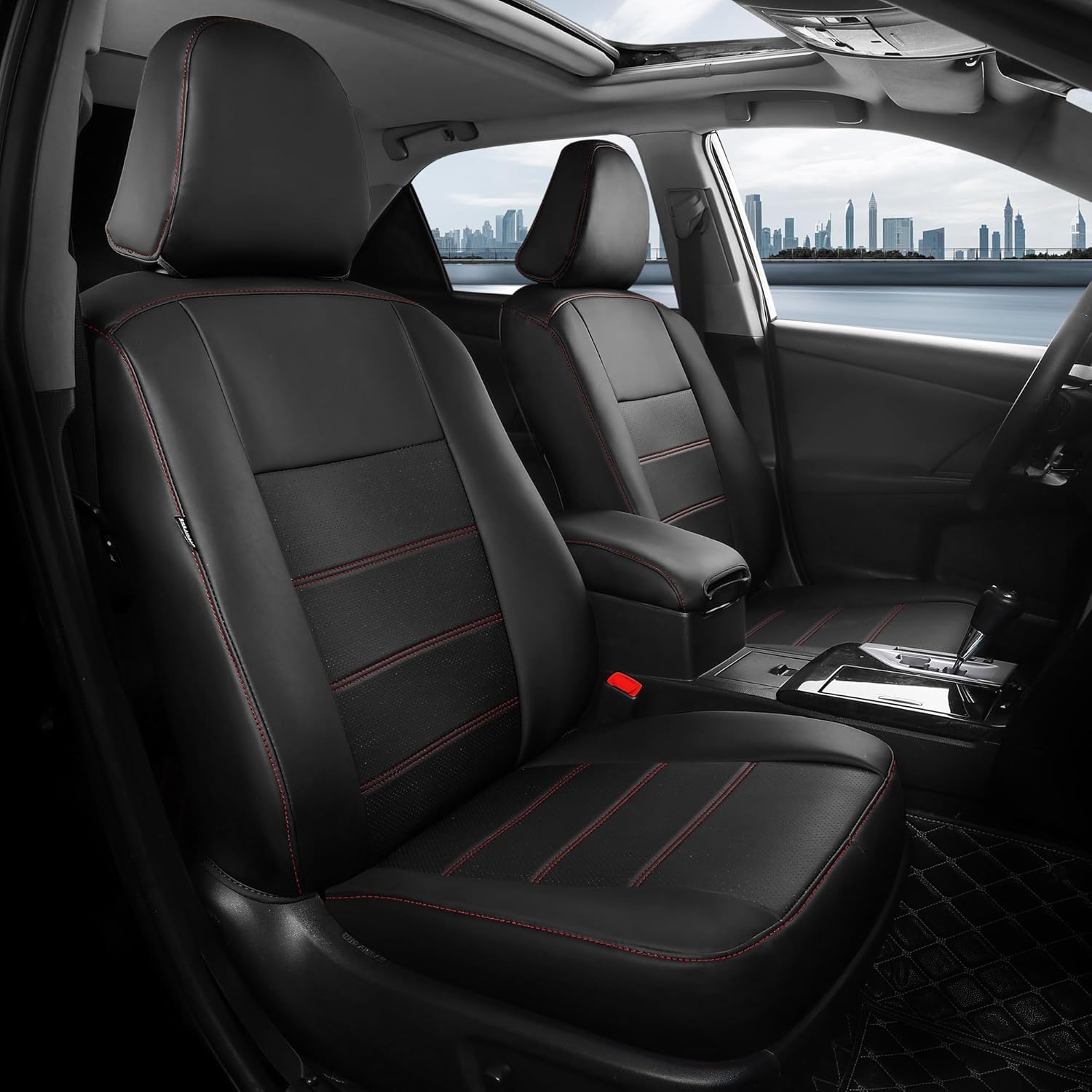 for Toyota Camry Seat Covers L LE XLE 2012 2013 2014 2015 2016 2017 - Custom Fit Car Seat Covers Full Set, Waterproof Breathable Luxury Leather Seat Covers for Cars, Black Red Not for Hybrid