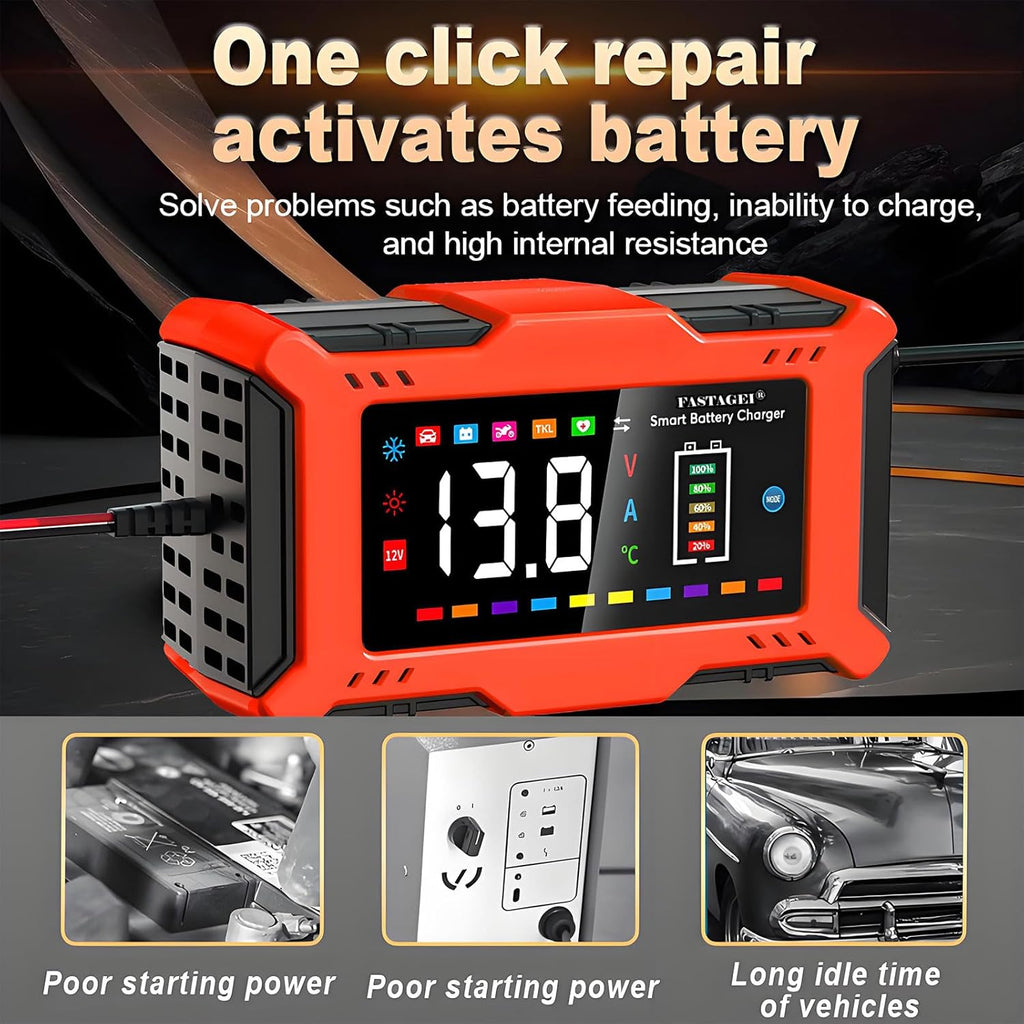 LiFePO4/Lead Acid Battery Charger Smart Battery Trickle Charger 12V 6A Automotive Battery Maintainer Desulfator Temp Compensation for Car Truck Motorcycle Lawn Mower Marine RV