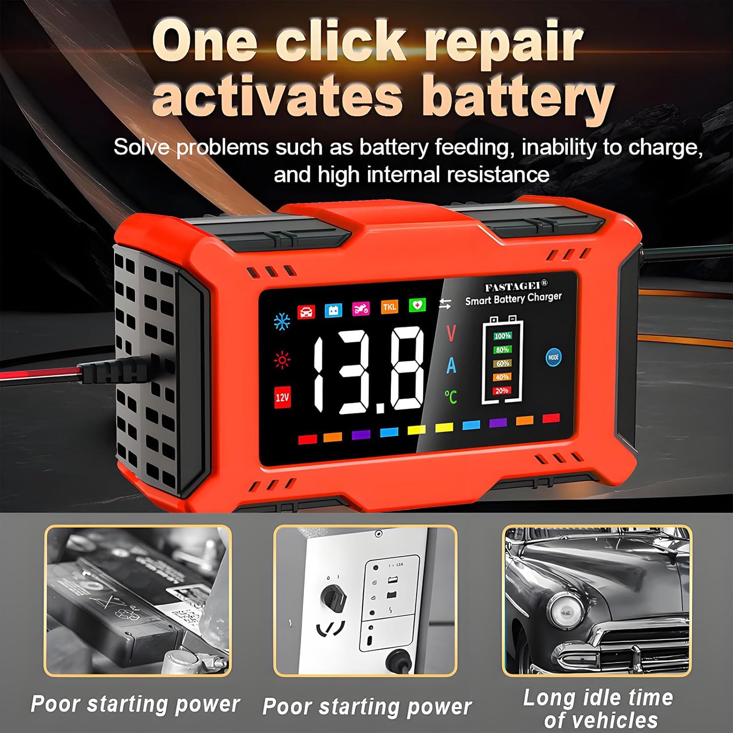 LiFePO4/Lead Acid Battery Charger Smart Battery Trickle Charger 12V 6A Automotive Battery Maintainer Desulfator Temp Compensation for Car Truck Motorcycle Lawn Mower Marine RV