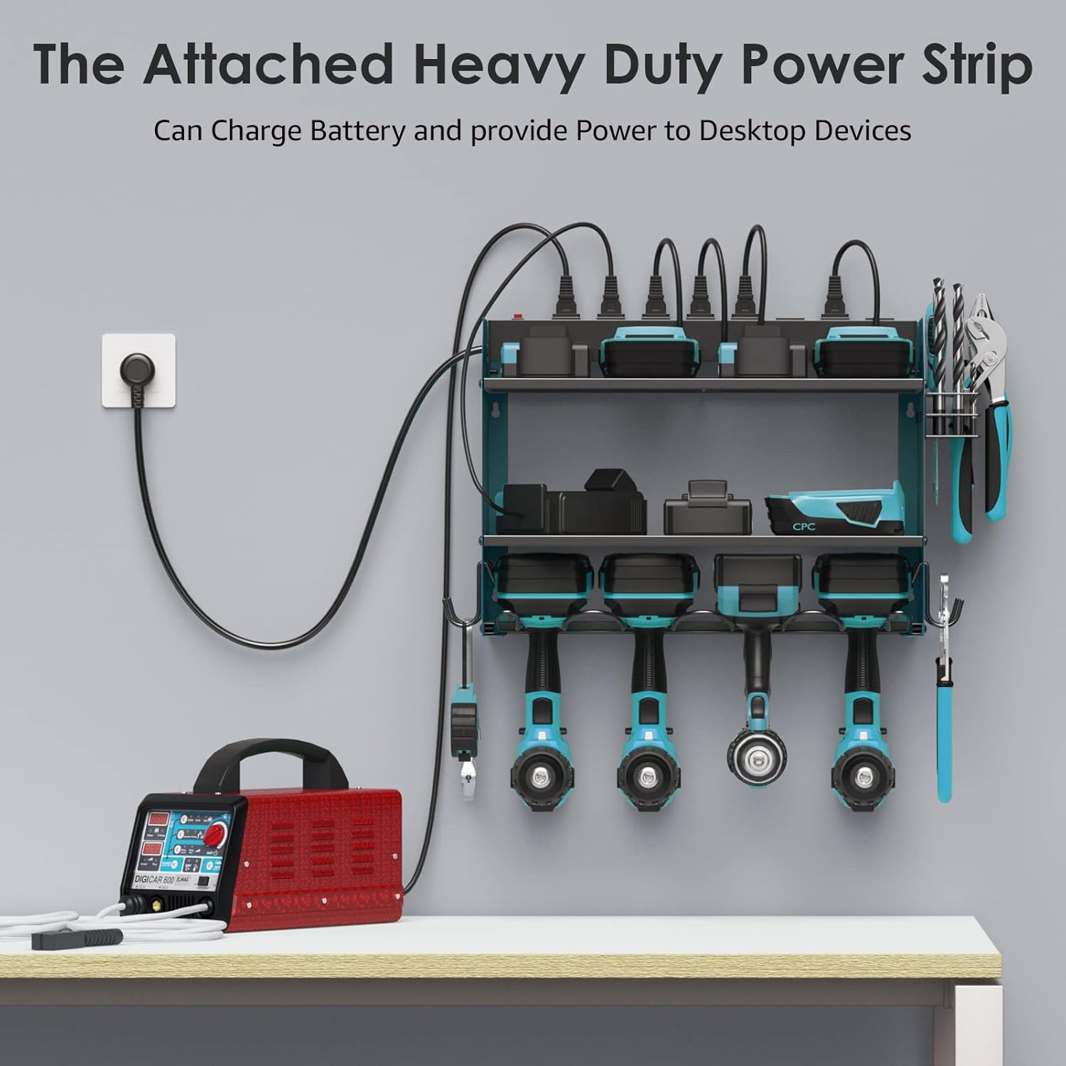 CCCEI Modular Power Tool Organizer Wall Mount with Charging Station. Garage 4 Drill Storage Shelf with Hooks, Drill Bit Heavy Duty Rack, Navy Blue Tool Battery Holder Built in 8 Outlet Power Strip.