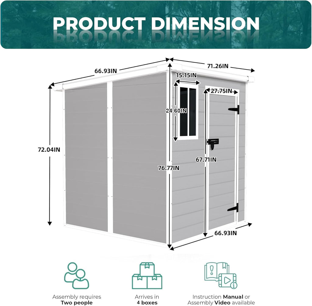 6x6 FT Outdoor Storage Resin Shed with Floor,Waterproof Garden Bike Shed with Lockable Door, Sloped Roof, Vents & Windows,Plastic Tool Shed for Lawn, Backyard, Patio,White+Gray