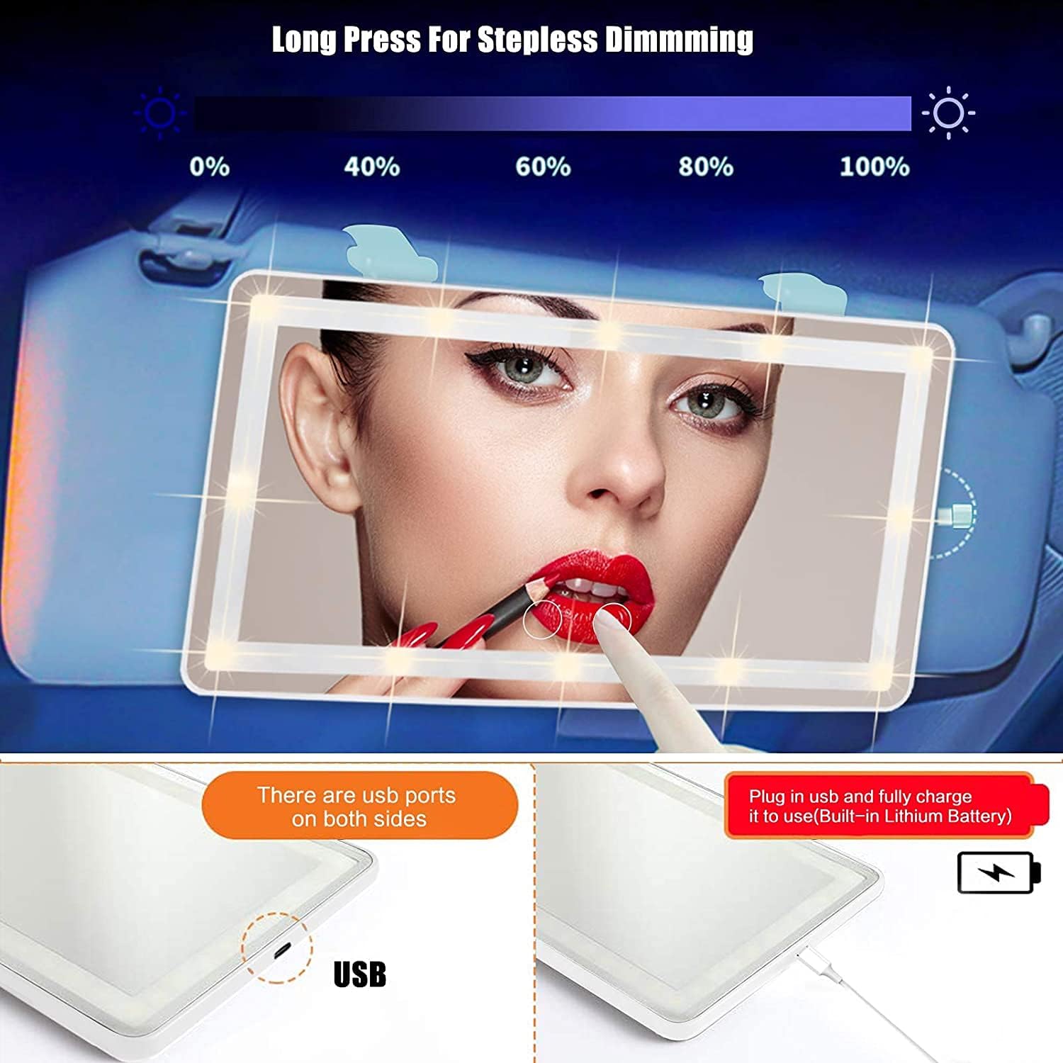 Car Sun Visor Vanity Mirror, Makeup Mirror with 3 Light Modes & 60 LEDs Rechargeable Led Light Car Mirror with Dimmable Touch Screen, Rear View Sun-Shading Travel Cosmetic (White,1 Pack）