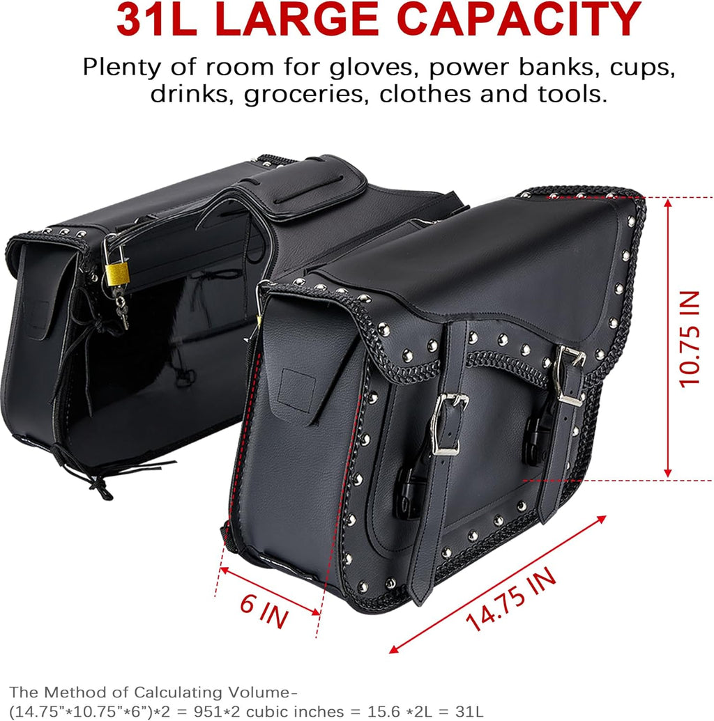 Dream Apparel Naked Cowhide Leather Motorcycle Saddle Bags Studded Throw Over Saddlebags, Motorcycle Side Bags for Honda Shadow Sportster Softail Dyna V-star (Black, With Studs)