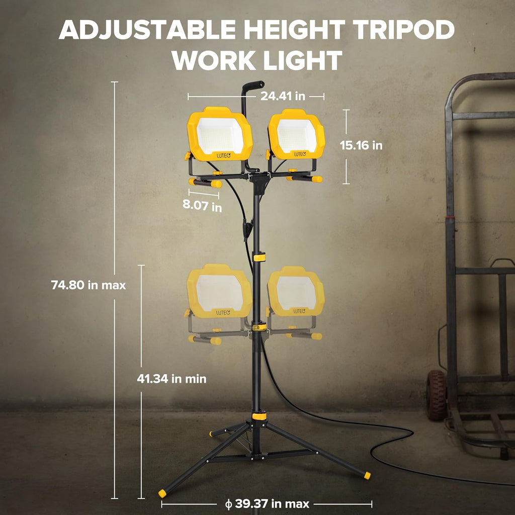 LUTEC 25000 Lumen LED Work Lights with Stand, Dual Head Dimmable Work Light with 6 Brightness Levels, IP65 Waterproof Rotating WorkLights with Telescoping Tripod and 8.2 Ft 3-Prong Power Cord