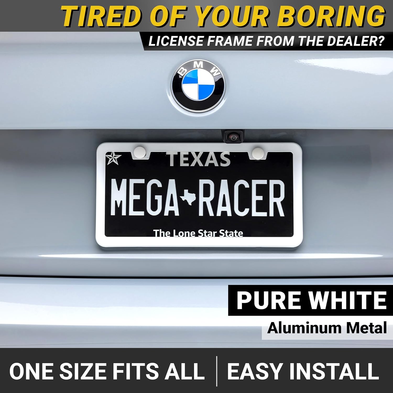 Premium Slim White License Plate Frames – 2 Pack, Rust-Free Stainless Steel, Street Legal & Rattle-Free, Universal Fit with Screw Covers, Sleek Thin Metal Front & Rear Car Tag Holders for Men & Women