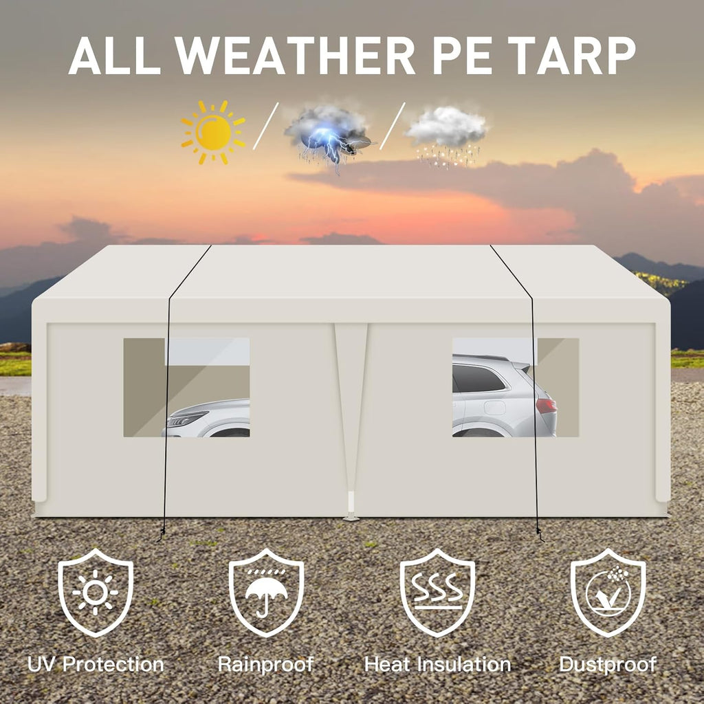Car Canopy Portable Garage Duty Carport with Roll-up Windows,Portable Garage with Removable Sidewalls & Doors, Car Canopy with All-Season Tarp for Car Boat Truck Motorcycle 10FT×20FT (White)
