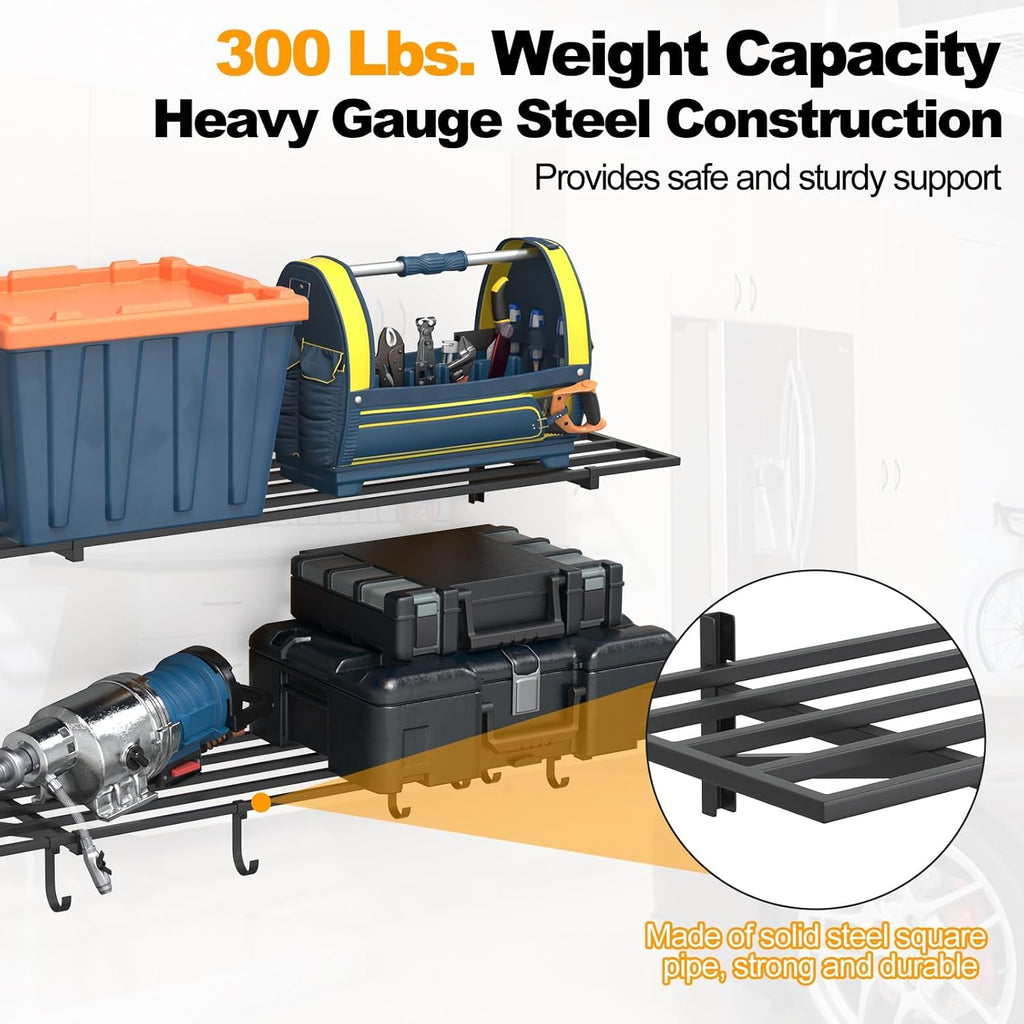 2-Pack 1×4ft Steel Wall Mounted Garage Shelves with Hooks, 300LB Each Heavy Duty Shelving for Garage Storage & Organization