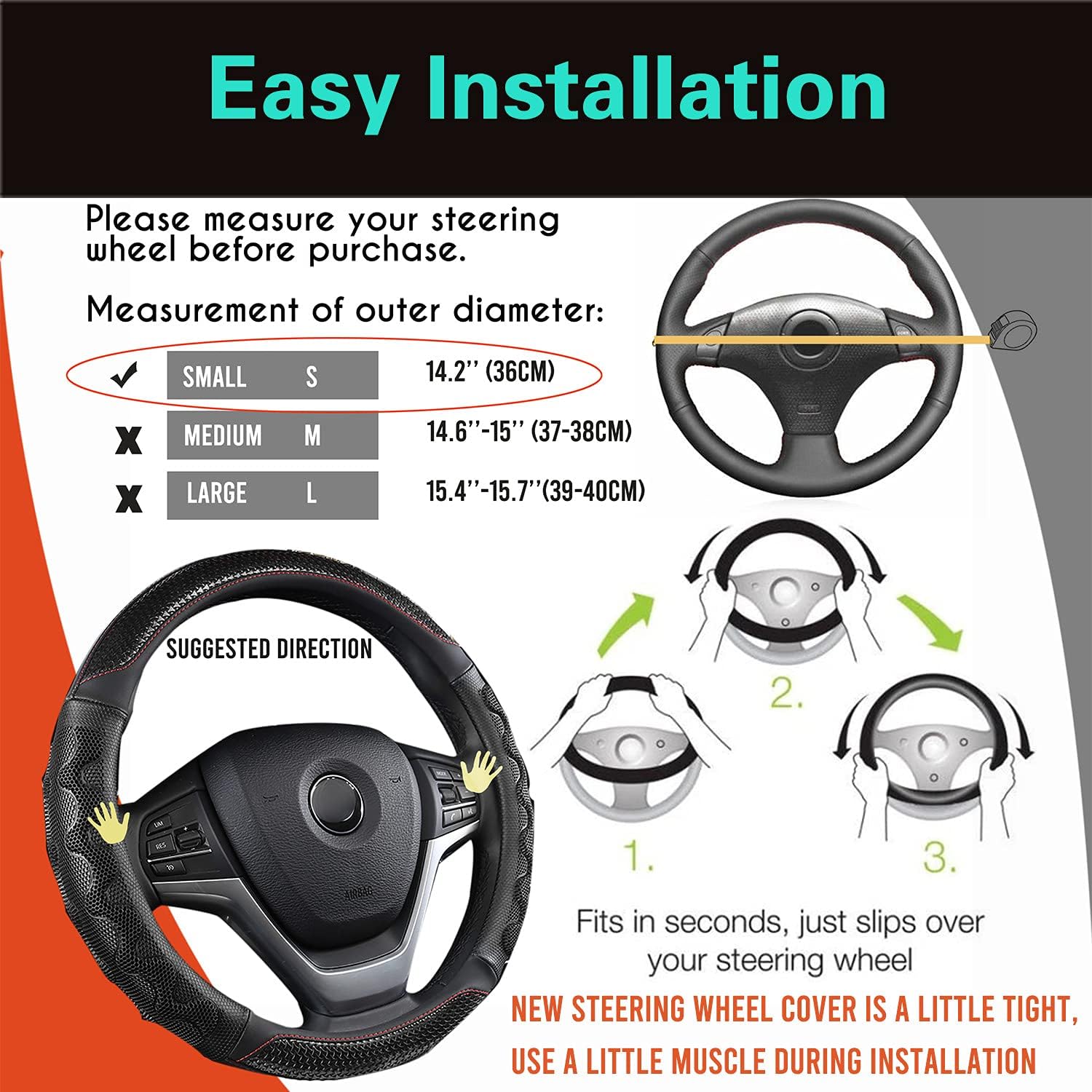 PINCTROT Small Size Steering Wheel Cover Great Grip with 3D Honeycomb Anti-Slip Design, 14 Inch (Black/Red Stitch)
