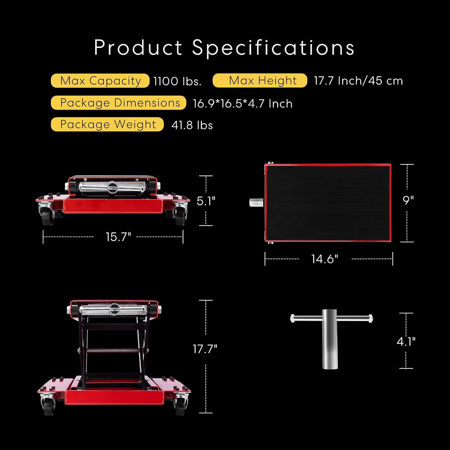 VIVOHOME 1100 Lbs Steel Wide Deck Motorcycle Lift ATV Scissor Lift Jack with Dolly and Hand Crank Bikes Garage Repair Hoist Stand Red