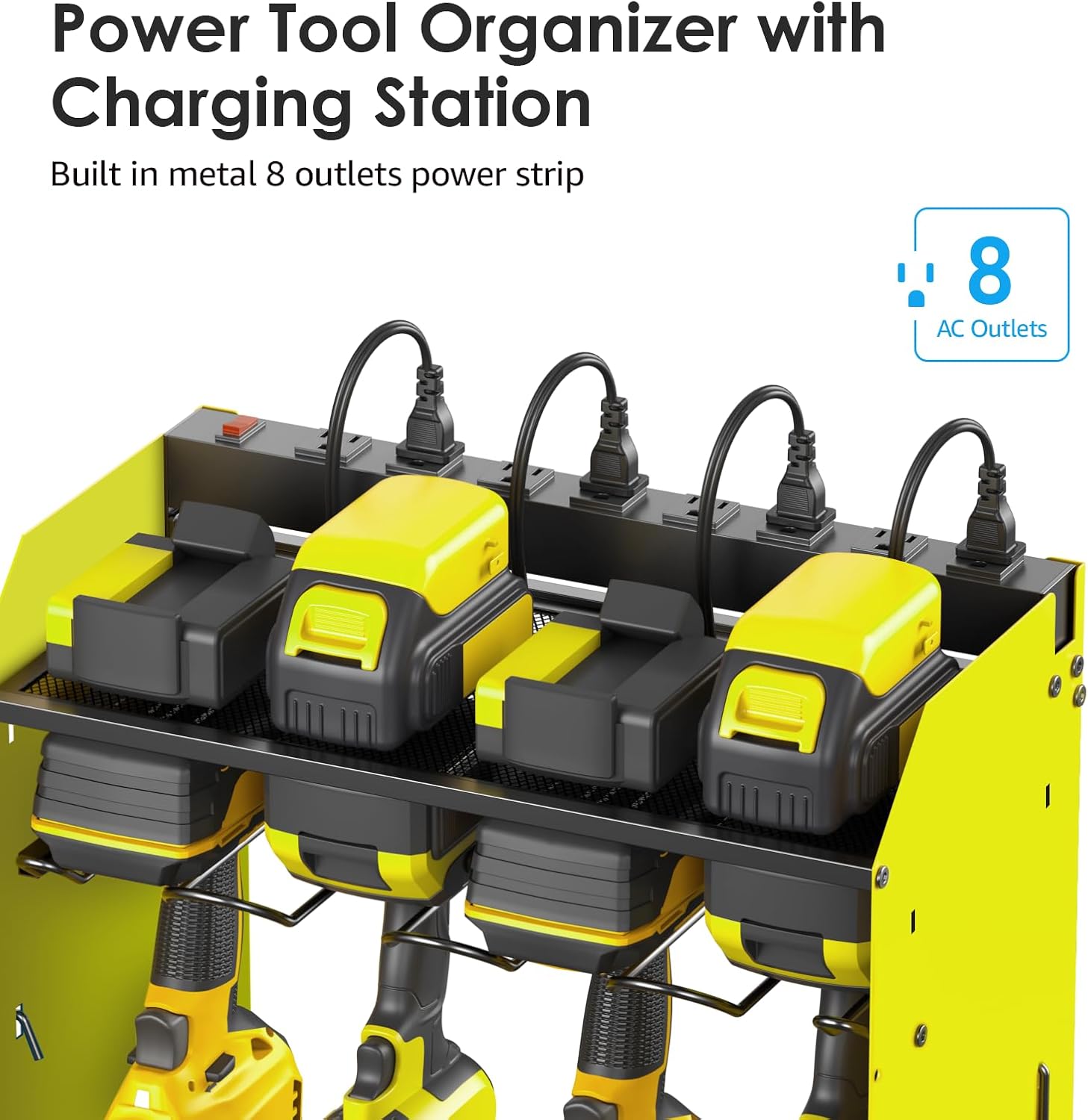 CCCEI Green Large Tools Organizer Wall Mount Charging Station, 39 Inch Long Power Tool Battery Storage Rack with 6FT Power Strip. 8 Drill Holder, Garage Utility Shelves. Pegboard Hanging Extension.