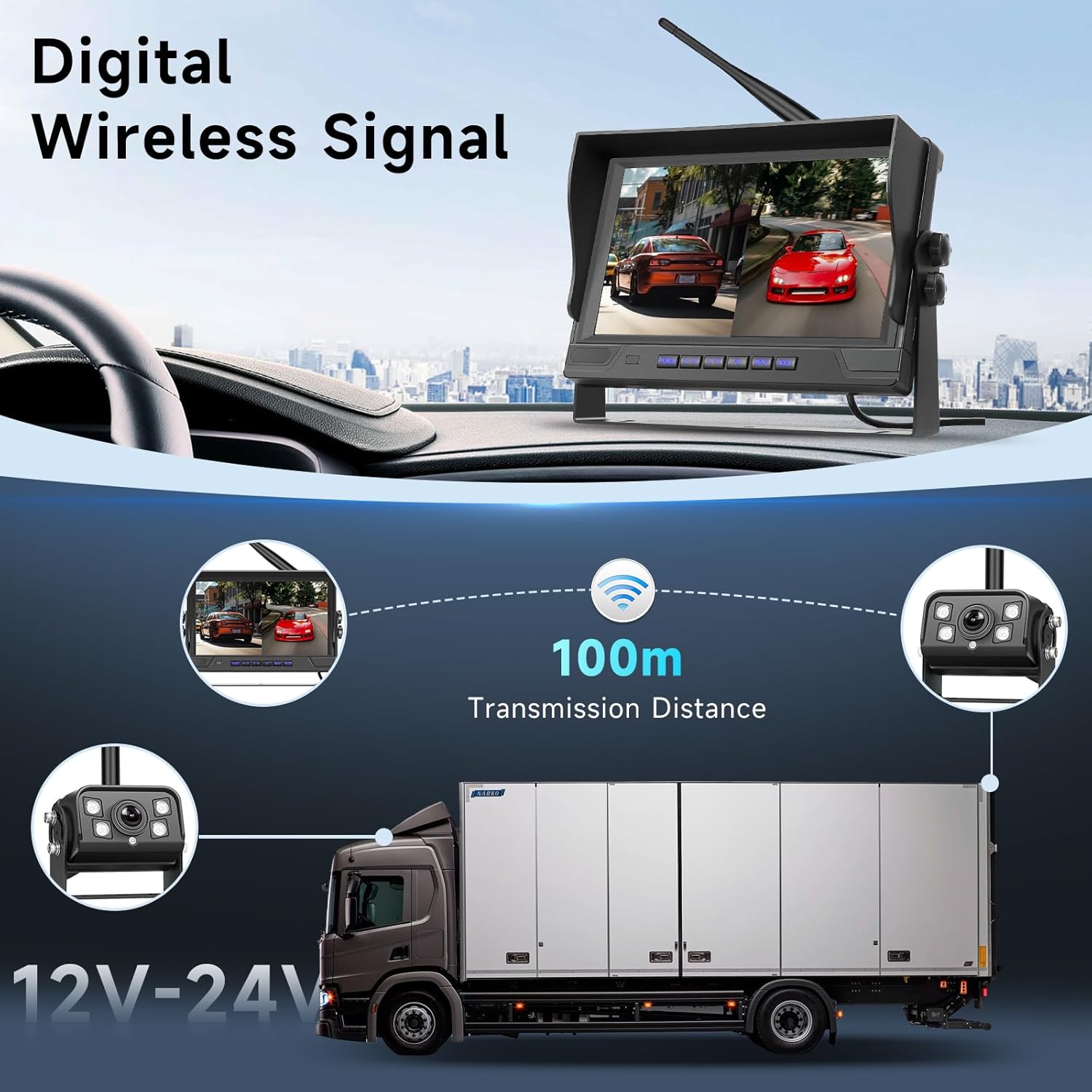 Hodozzy Wireless Backup Camera Digital System Kit, 9 Inch Dual Split Screen Monitor with Blind Spot Warning, IP 68 Waterproof 2 Backup Camera, Recording,Night Vision,Loop Record Trucks/RV/SUV