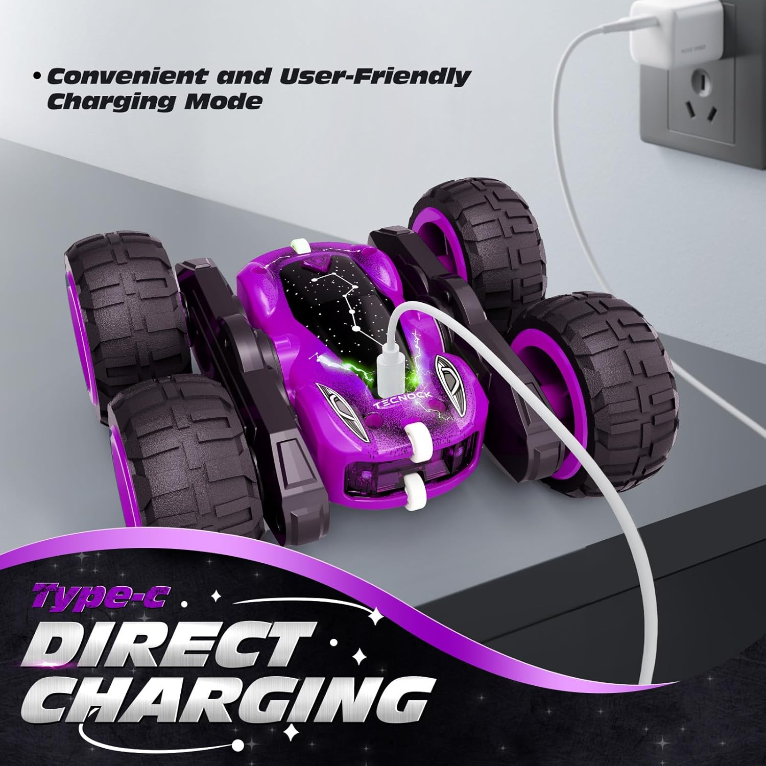 Tecnock Remote Control Car for Kids, 2.4GHz RC Cars with USB-C Easy Charging, 4WD Double Sided 360° Rotates and Flips RC Stunt Car, Toys Gift for Boys and Girls